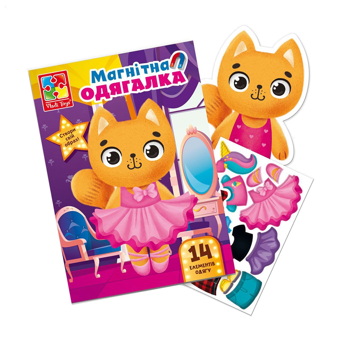 Магнітна гра-одягалка Vladi Toys Кішечка, у папці, українською мовою, від 3 років, 15 деталей (VT3204-34)