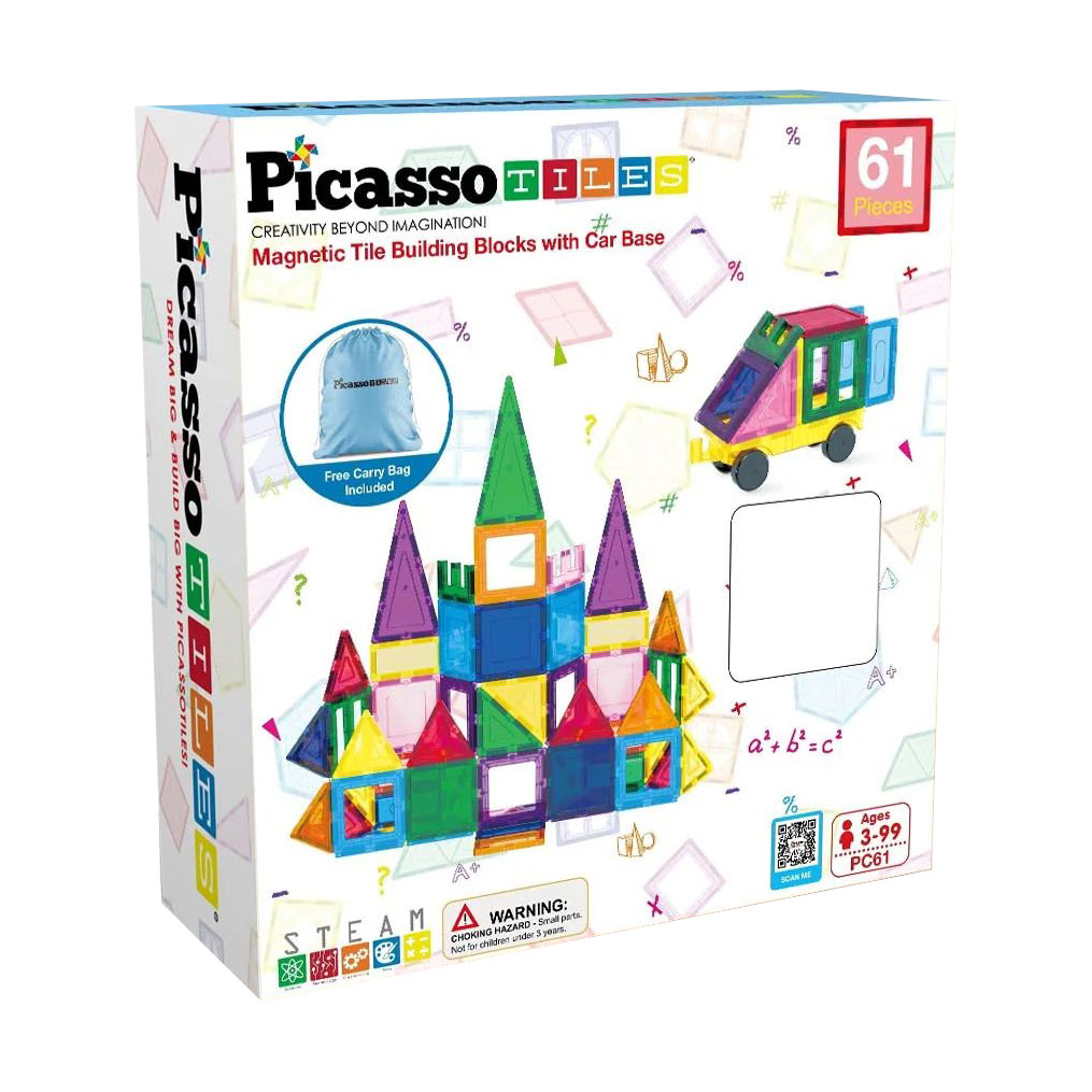 Магнітний конструктор Picasso Tiles Magnetic Tile Blocks with Car Base &amp; Storage Bag, 61 деталь, від 3 років (PC61)