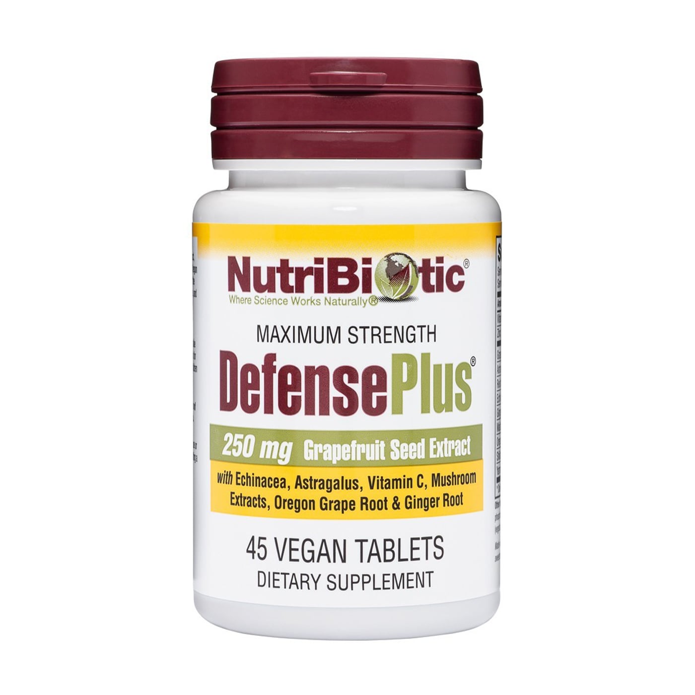 Максимальний захист з екстрактом насіння грейпфрута NutriBiotic Maximum Strength DefensePlus Grapefruit Seed Extract 250 мг, 45 веганських таблеток