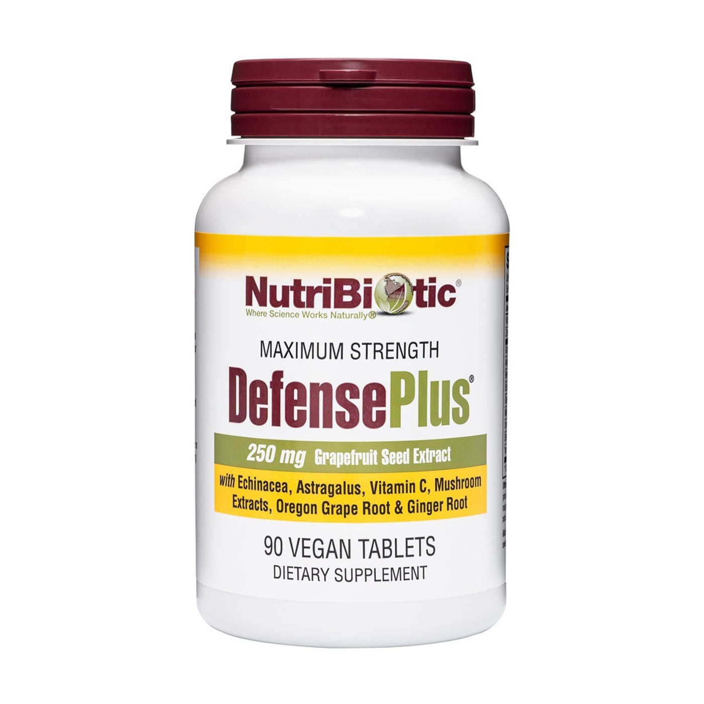 Максимальний захист з екстрактом насіння грейпфрута NutriBiotic Maximum Strength DefensePlus Grapefruit Seed Extract 250 мг, 90 веганських таблеток