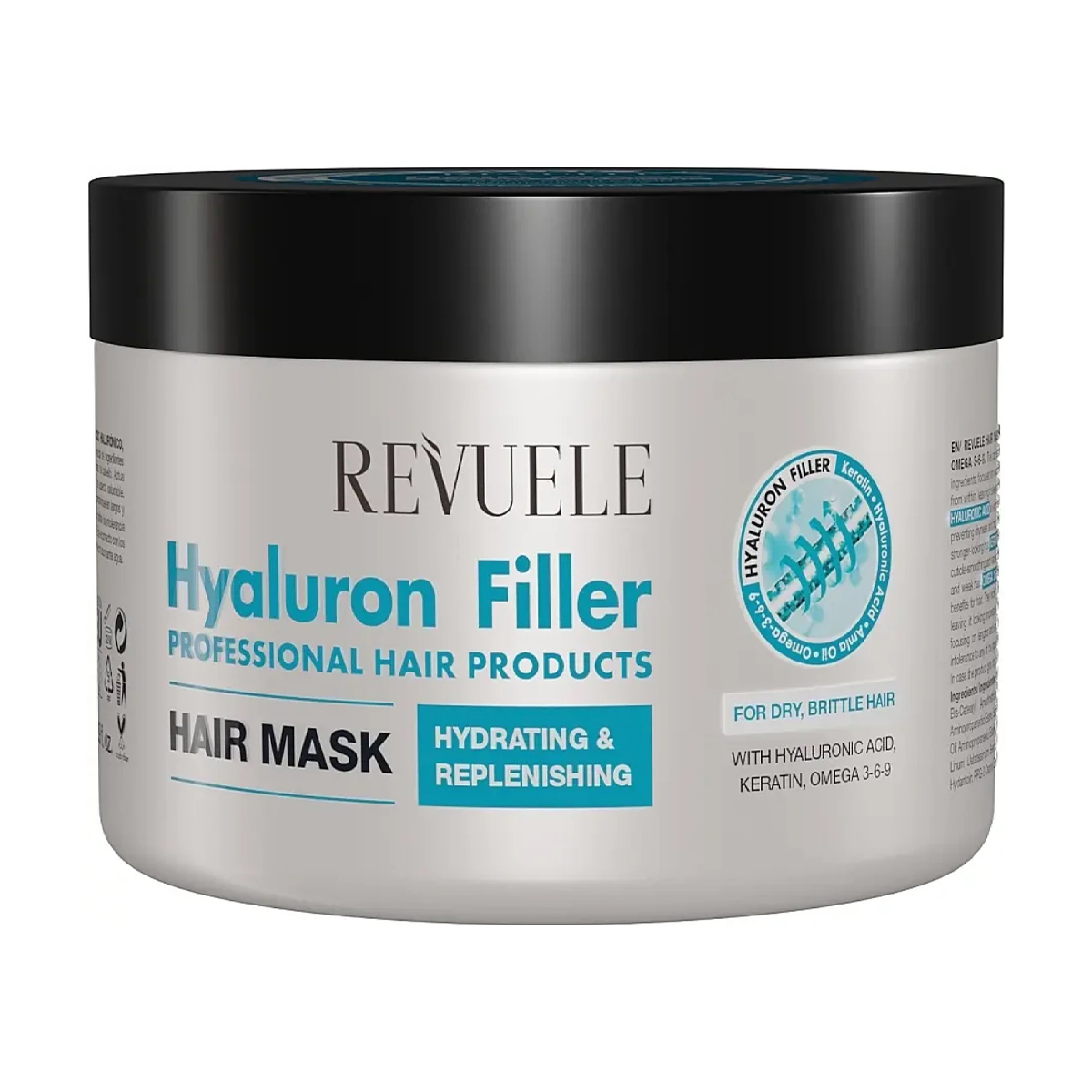 Маска-філер Revuele Hyaluron Filler Hair Mask для сухого та ламкого волосся, з гіалуроновою кислотою, кератином та Омега 3-6-9, 500 мл