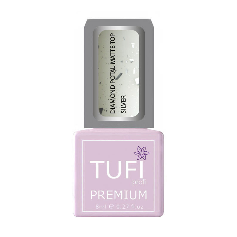 Матовий топ для гель-лаку Tufi profi Premium Diamond Potal Matte Top з поталлю та шимером, Срібло, 8 мл
