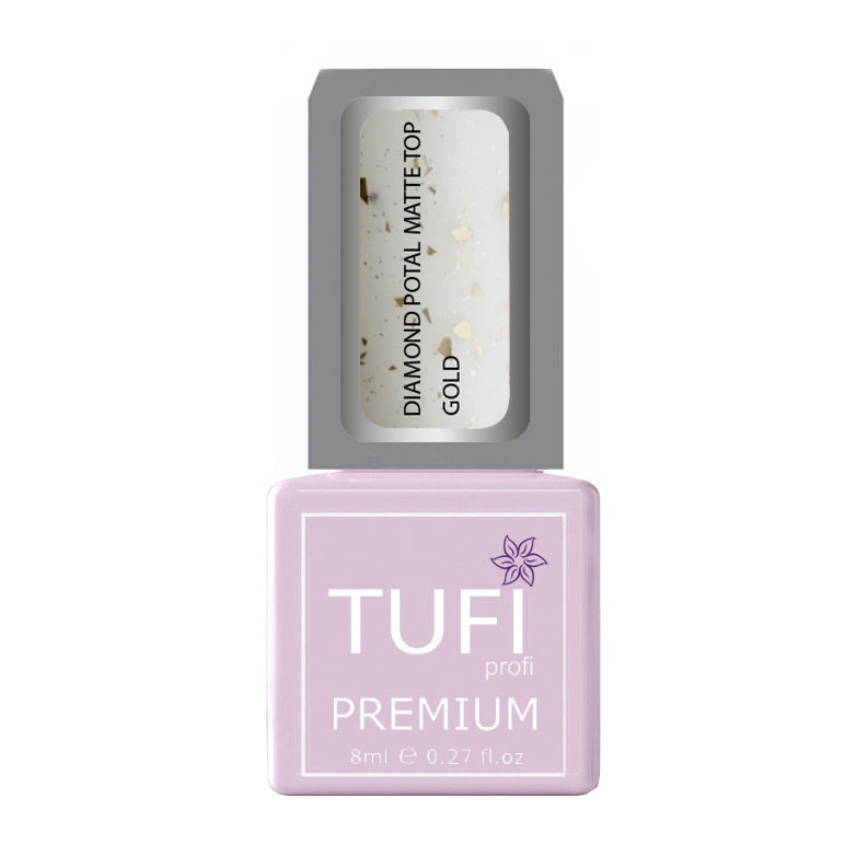 Матовий топ для гель-лаку Tufi profi Premium Diamond Potal Matte Top з поталлю та шимером, Золото, 8 мл