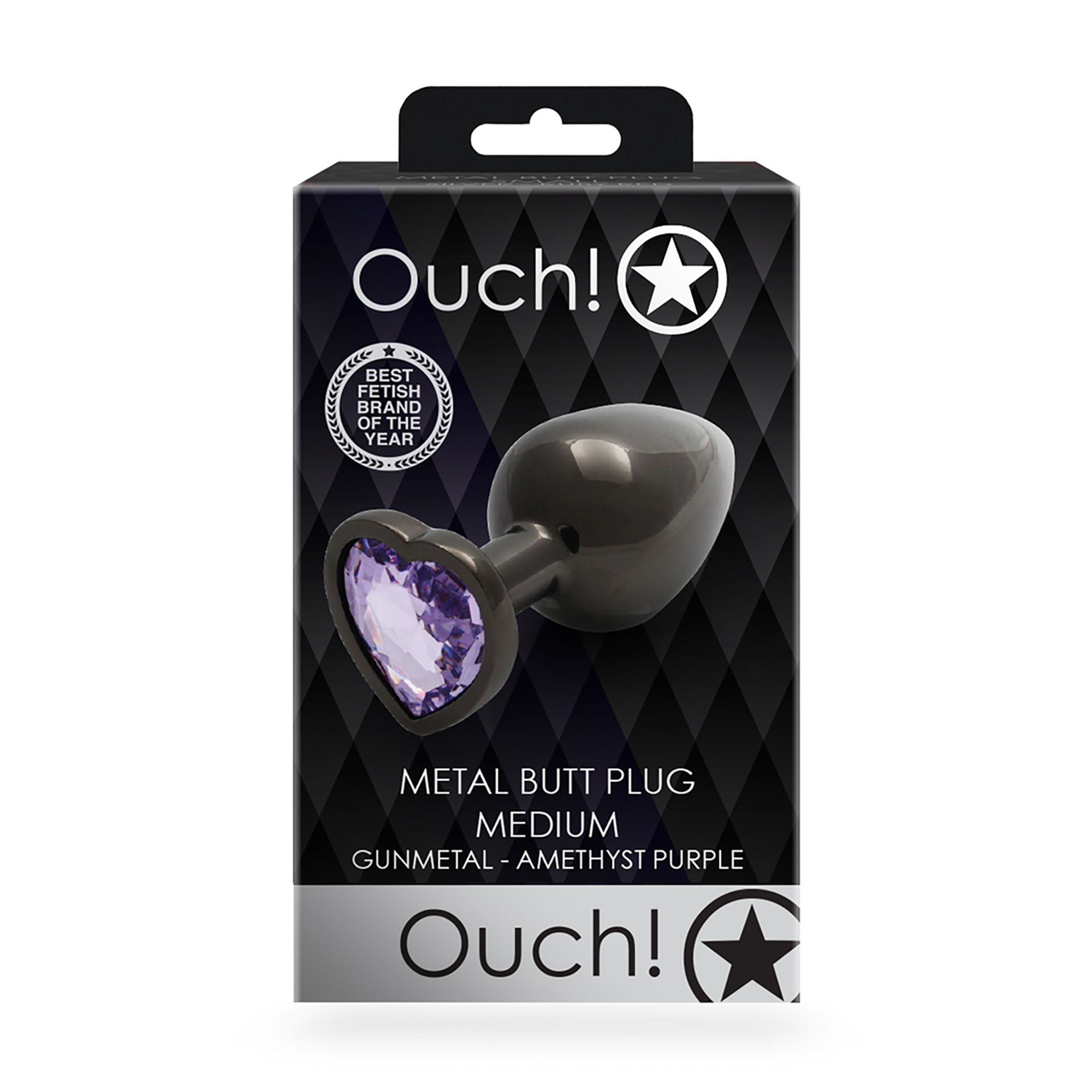 Металева анальна пробка Ouch! Heart Gem, розмір M, чорно-фіолетова, 1 шт
