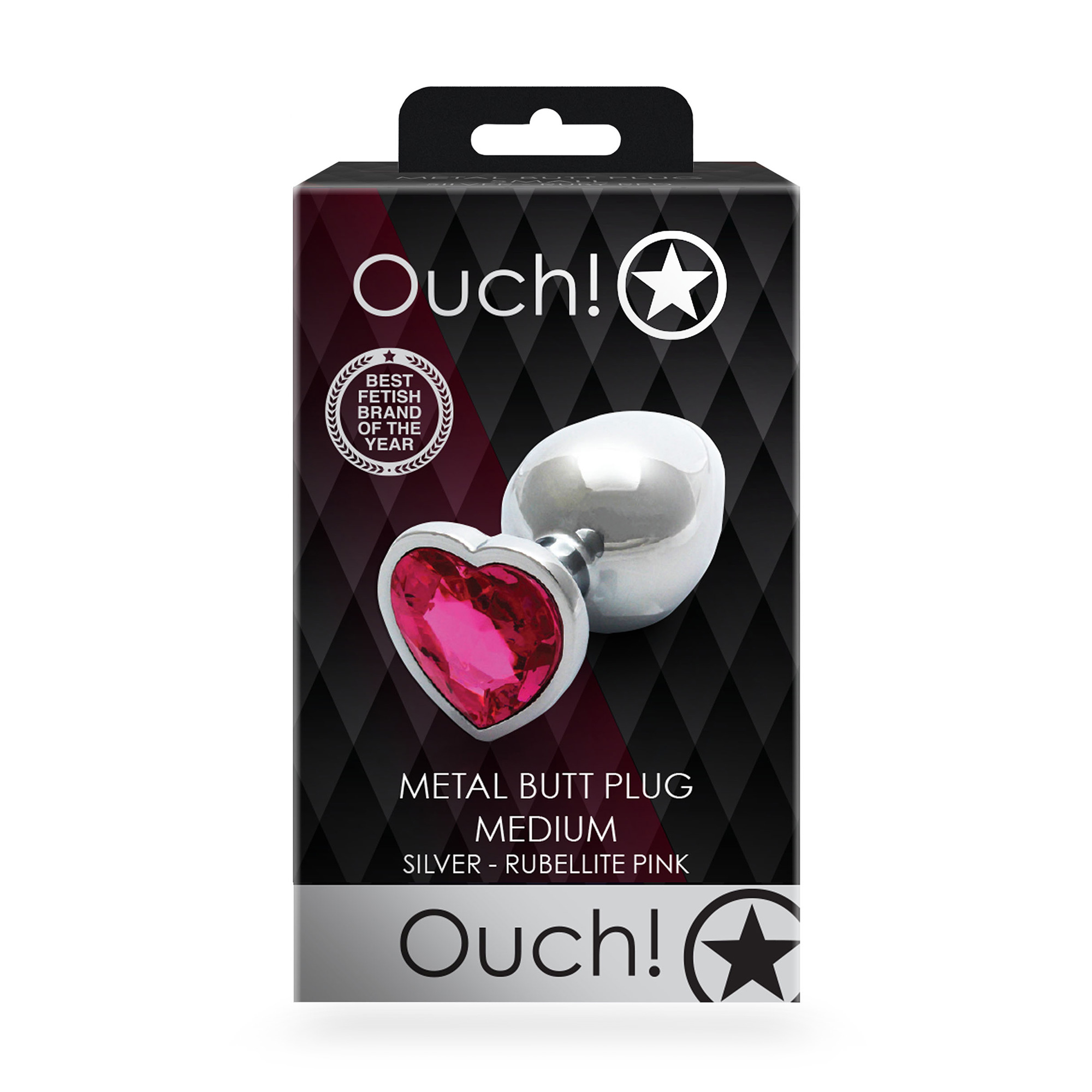 Металева анальна пробка Ouch! Heart Gem, розмір M, сріблясто-рожева, 1 шт
