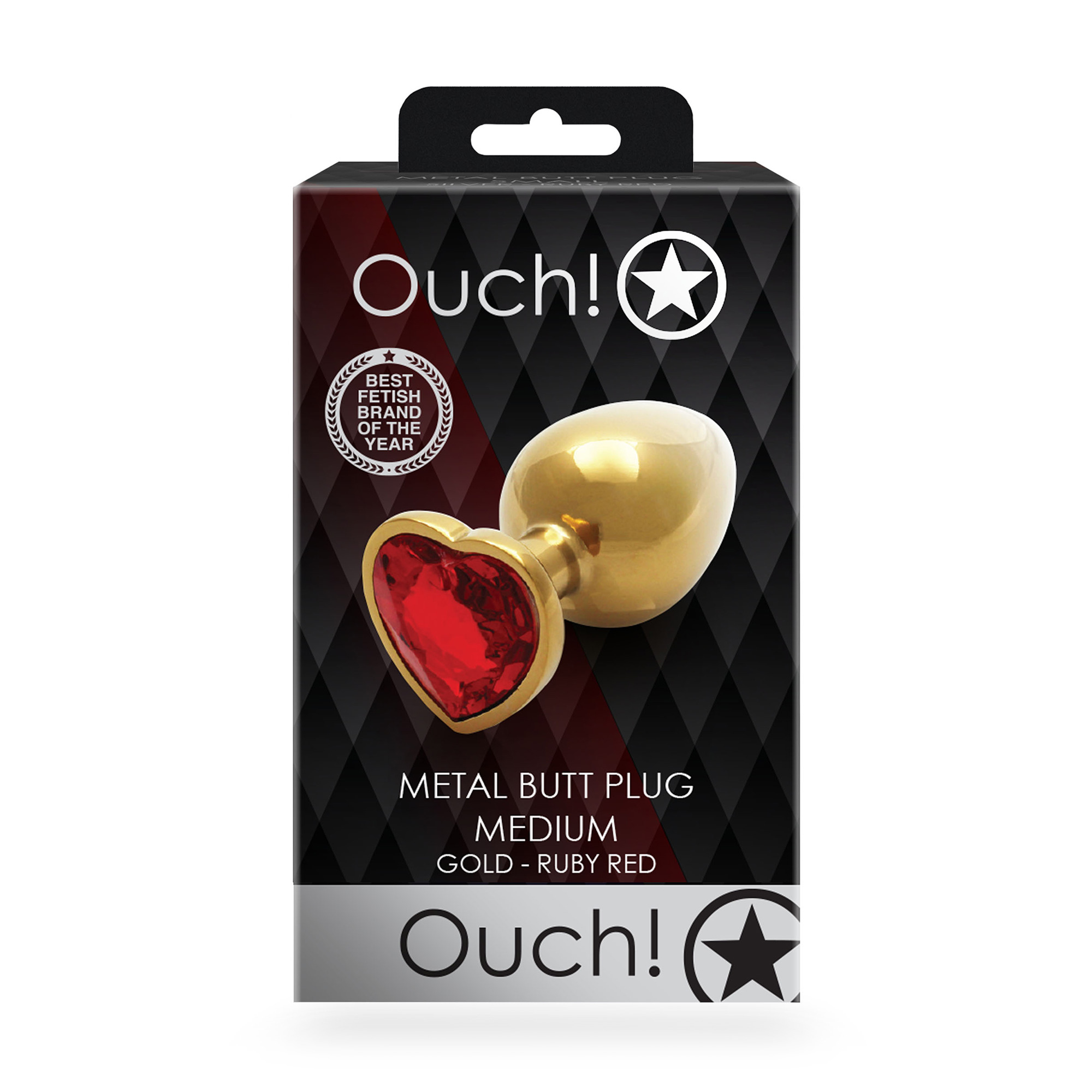 Металева анальна пробка Ouch! Heart Gem, розмір M, золотисто-червона, 1 шт