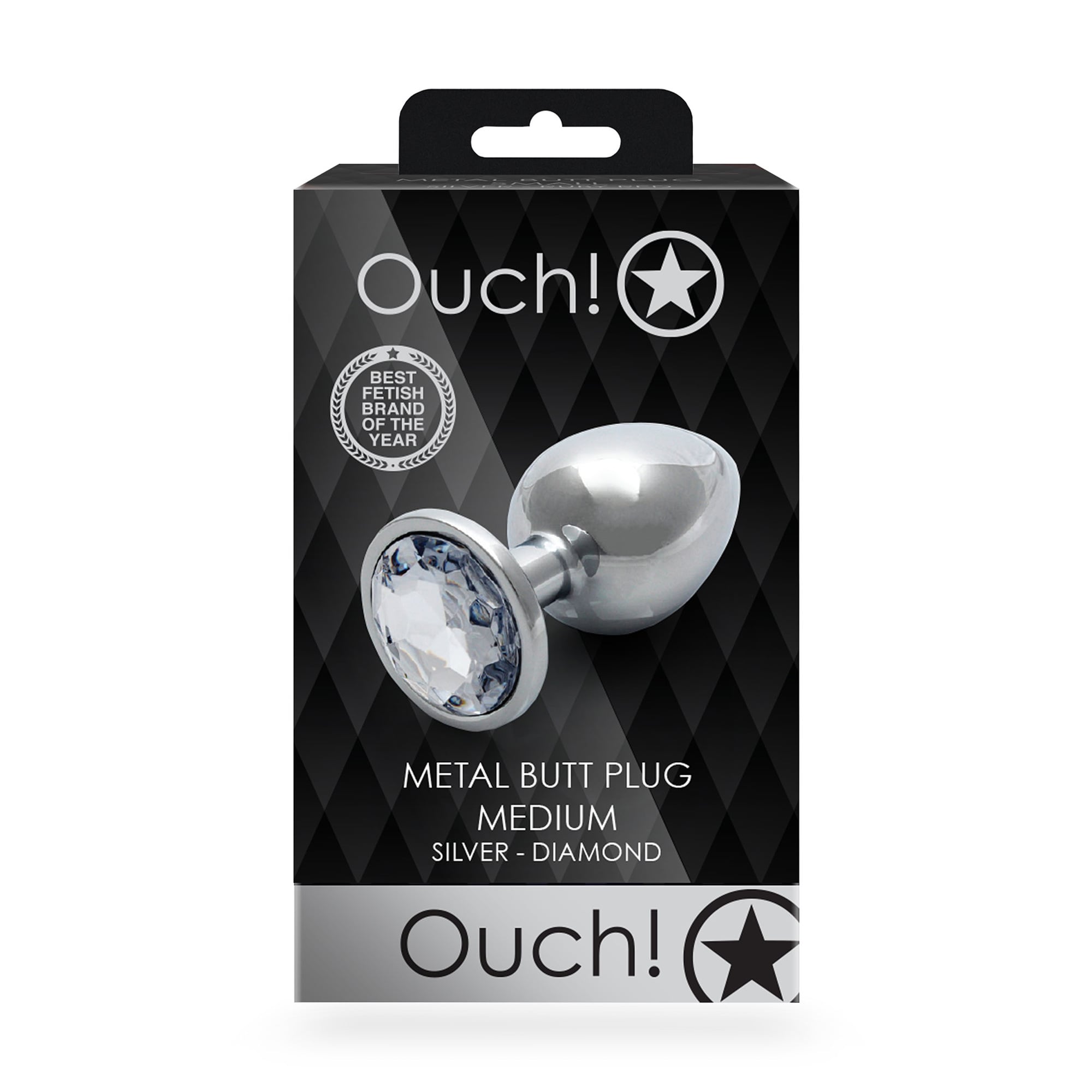 Металева анальна пробка Ouch! Round Gem, розмір M, сріблясто-біла, 1 шт