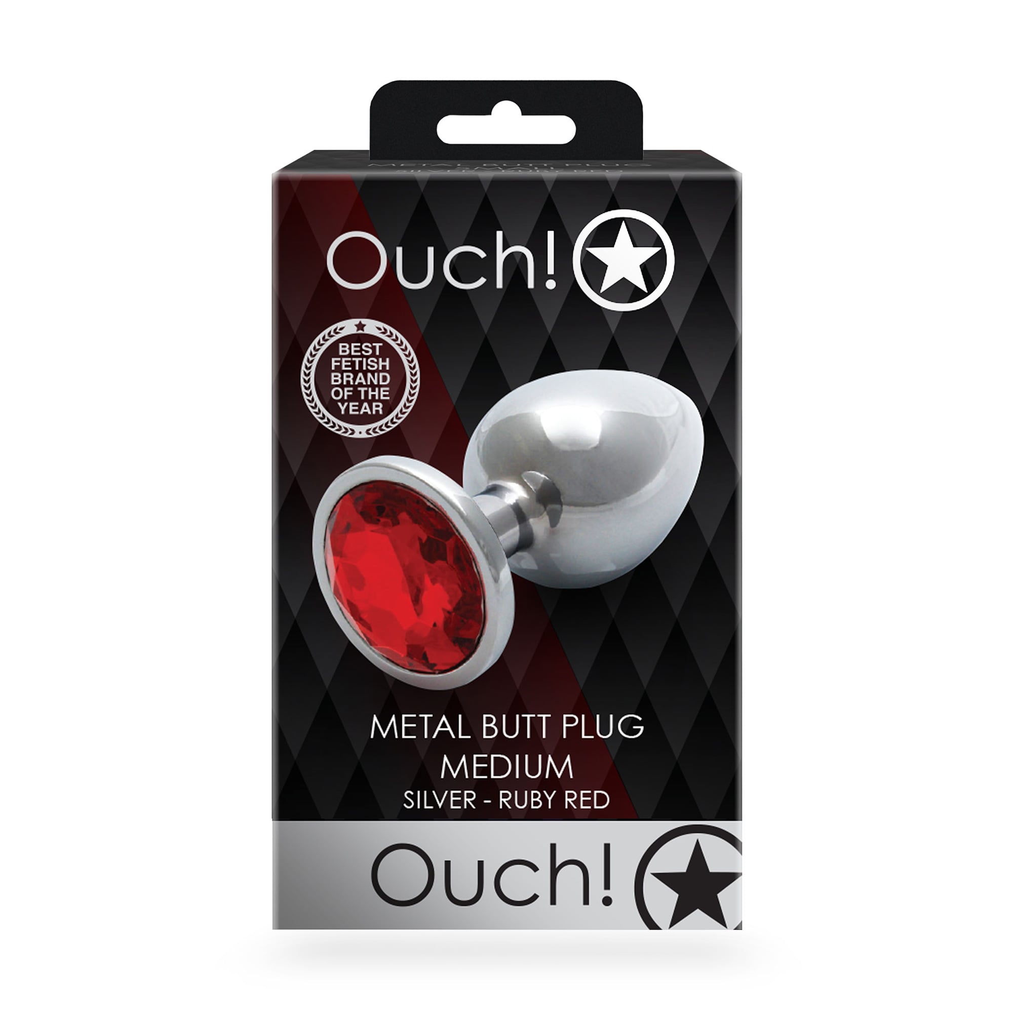Металева анальна пробка Ouch! Round Gem, розмір M, сріблясто-червона, 1 шт