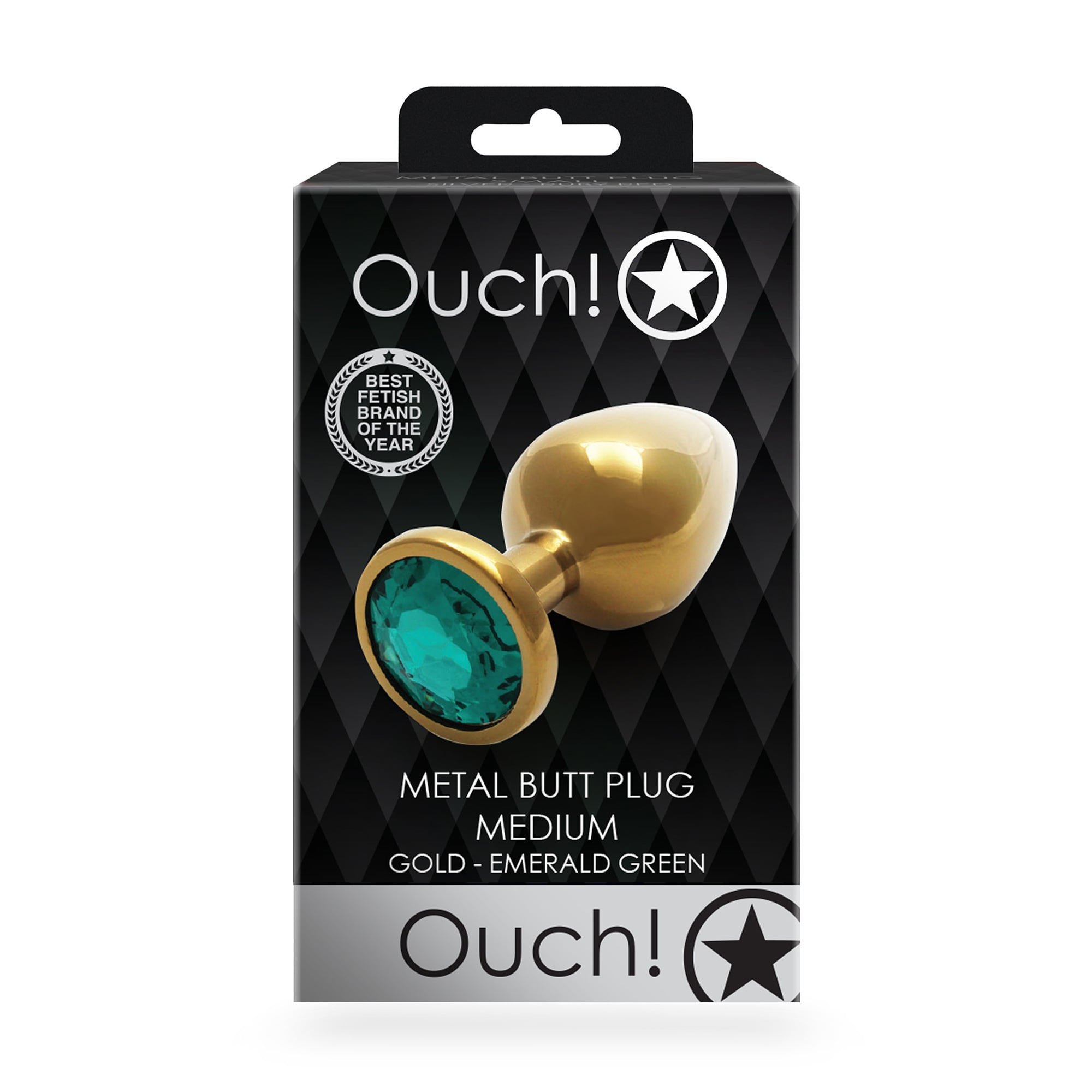 Металева анальна пробка Ouch! Round Gem, розмір M, золотисто-смарагдова, 1 шт
