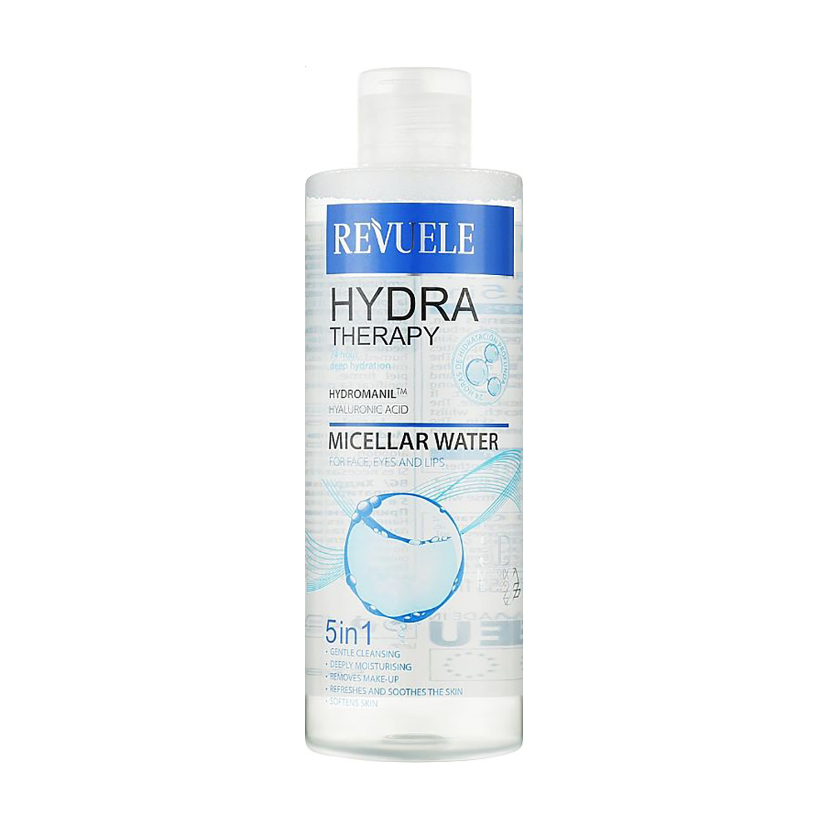 Міцелярна вода для обличчя, повік та губ Revuele Hydra Therapy 5 In 1 Micellar Water, з гіалуроновою кислотою, 400 мл
