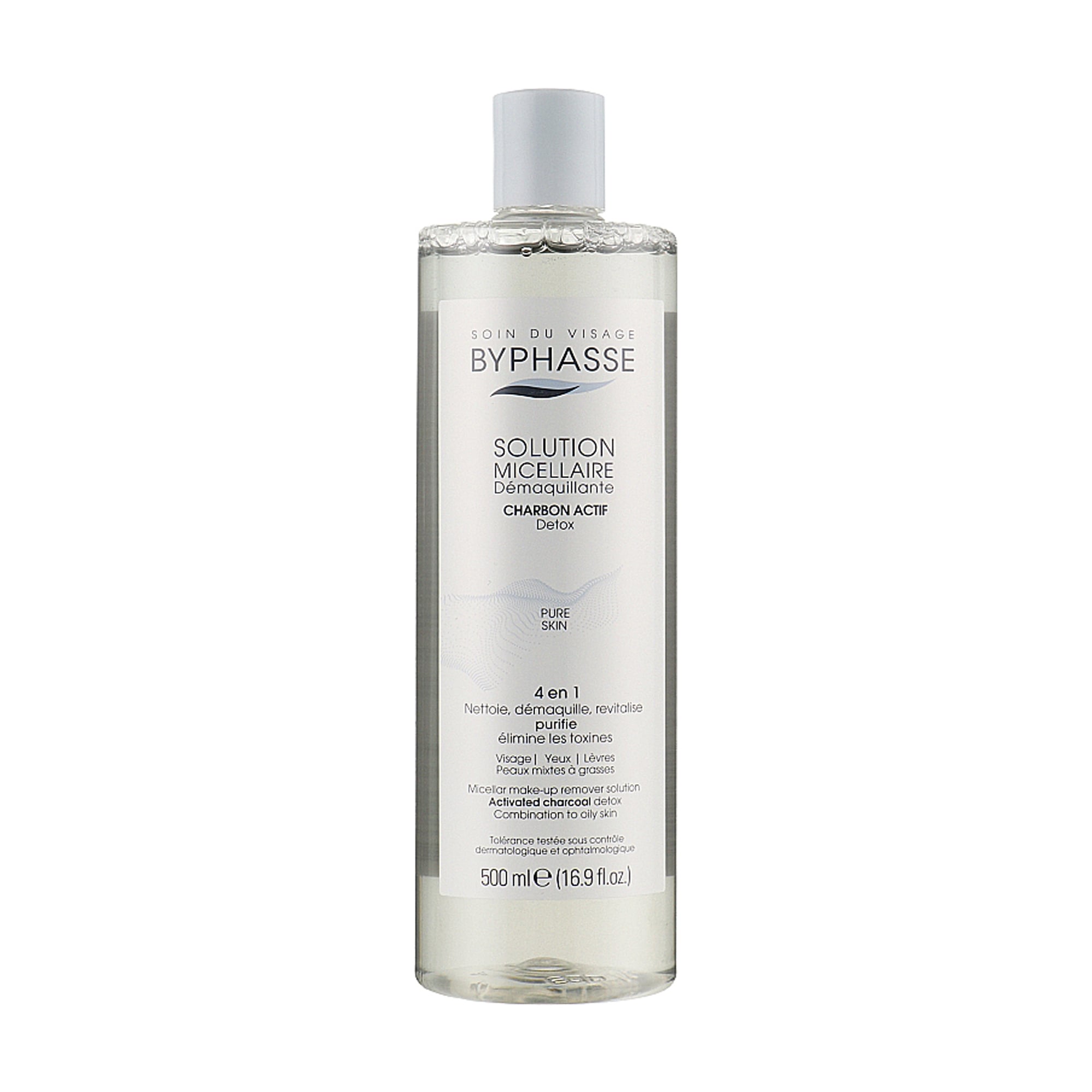 Міцелярна вода для очищення обличчя Byphasse Micellar Make-up Remover Solution для комбінованої та жирної шкіри, з активованим вугіллям, 500 мл