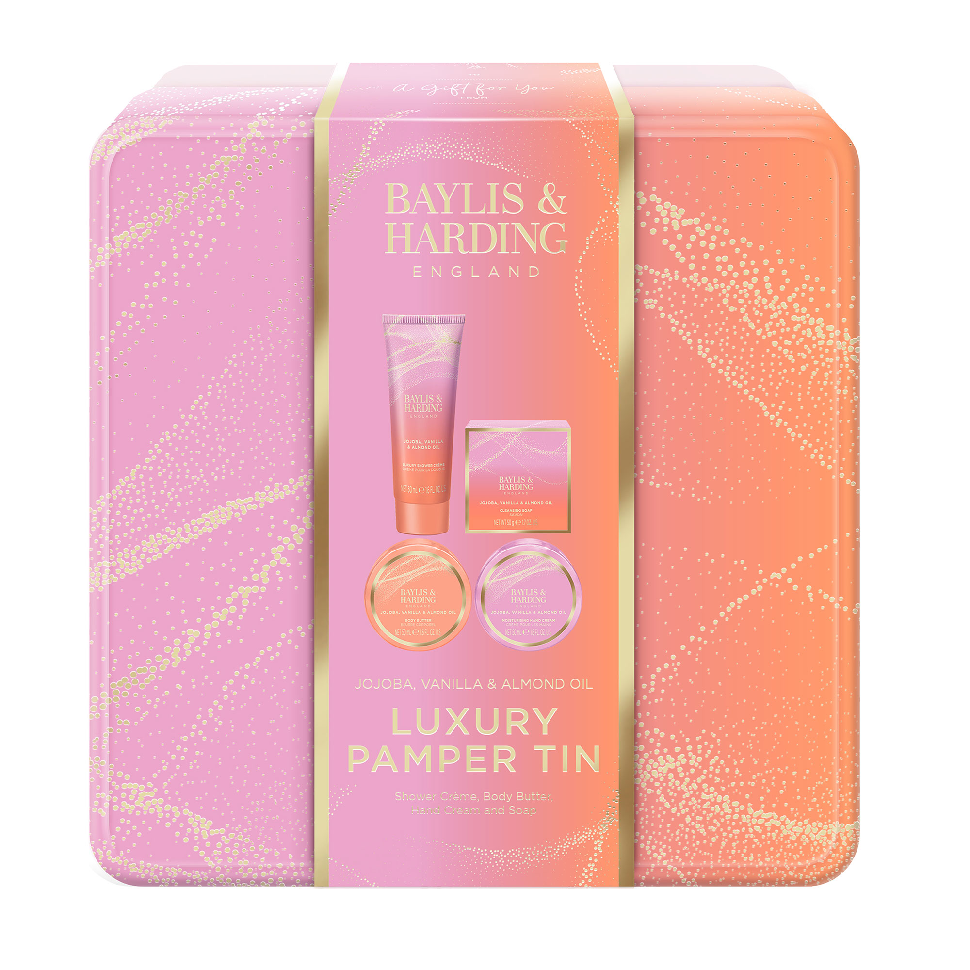 Набір Baylis &amp; Harding Jojoba, Vanilla &amp; Almond Oil Luxury Pamper Tin (крем для душу, 50 мл + олія, 50 мл + крем для рук, 50 мл + мило, 50 г)