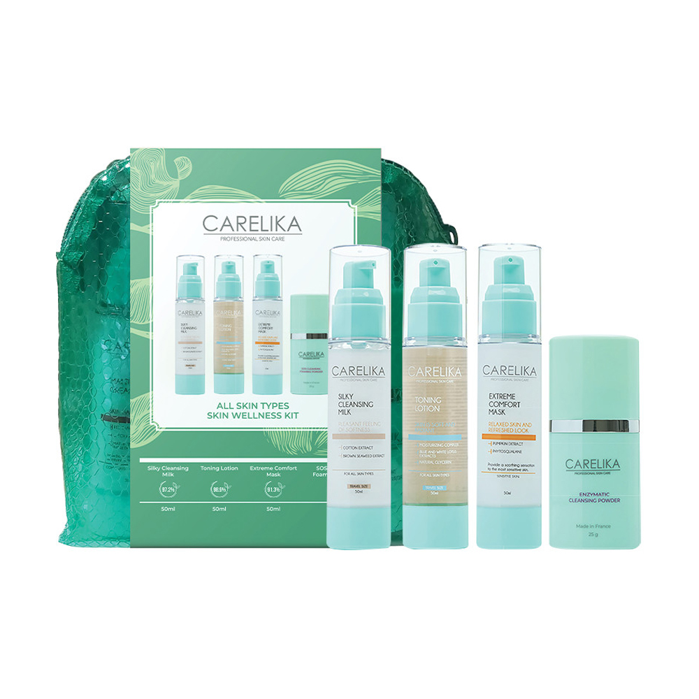 Набір Carelika Skin Welness Kit для всіх типів шкіри обличчя (молочко, 50 мл + маска, 50 мл + лосьйон, 50 мл + пудра, 25 г + косметичка)