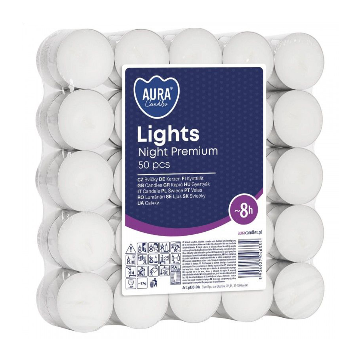 Набір чайних свічок Bispol Aura Light Night Premium без запаху, 50 шт (pf30-50s)
