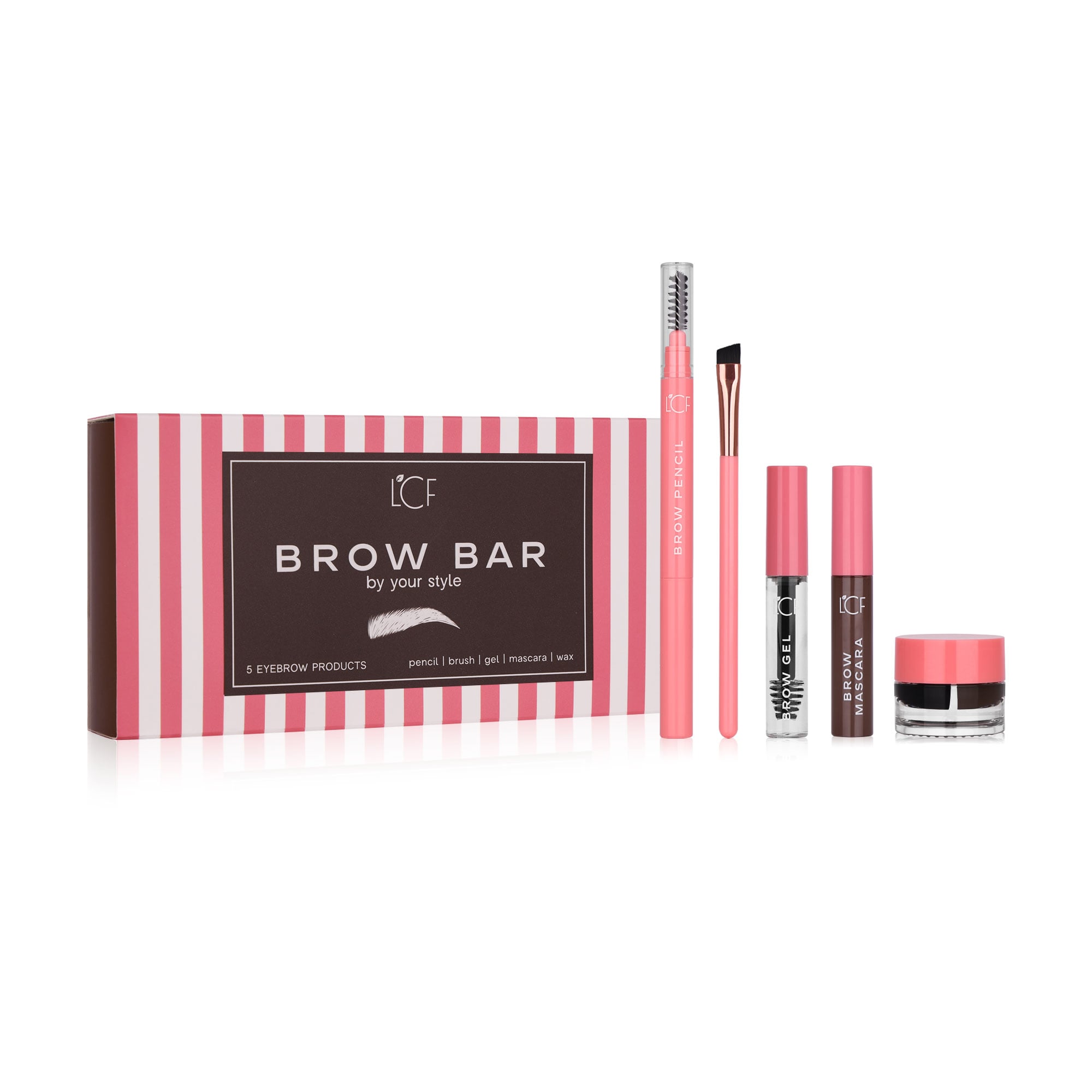 Набір для брів LCF Brow Bar, Dark Brown (олівець, 1 шт + пензлик, 1 шт + гель прозорий, 1 шт + туш, 1 шт + двоколірний віск, 1 шт)