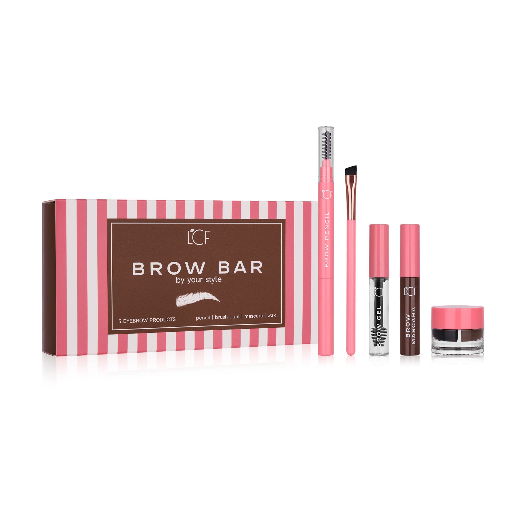 Набір для брів LCF Brow Bar, Light Brown (олівець, 1 шт + пензлик, 1 шт + гель прозорий, 1 шт + туш, 1 шт + двоколірний віск, 1 шт)