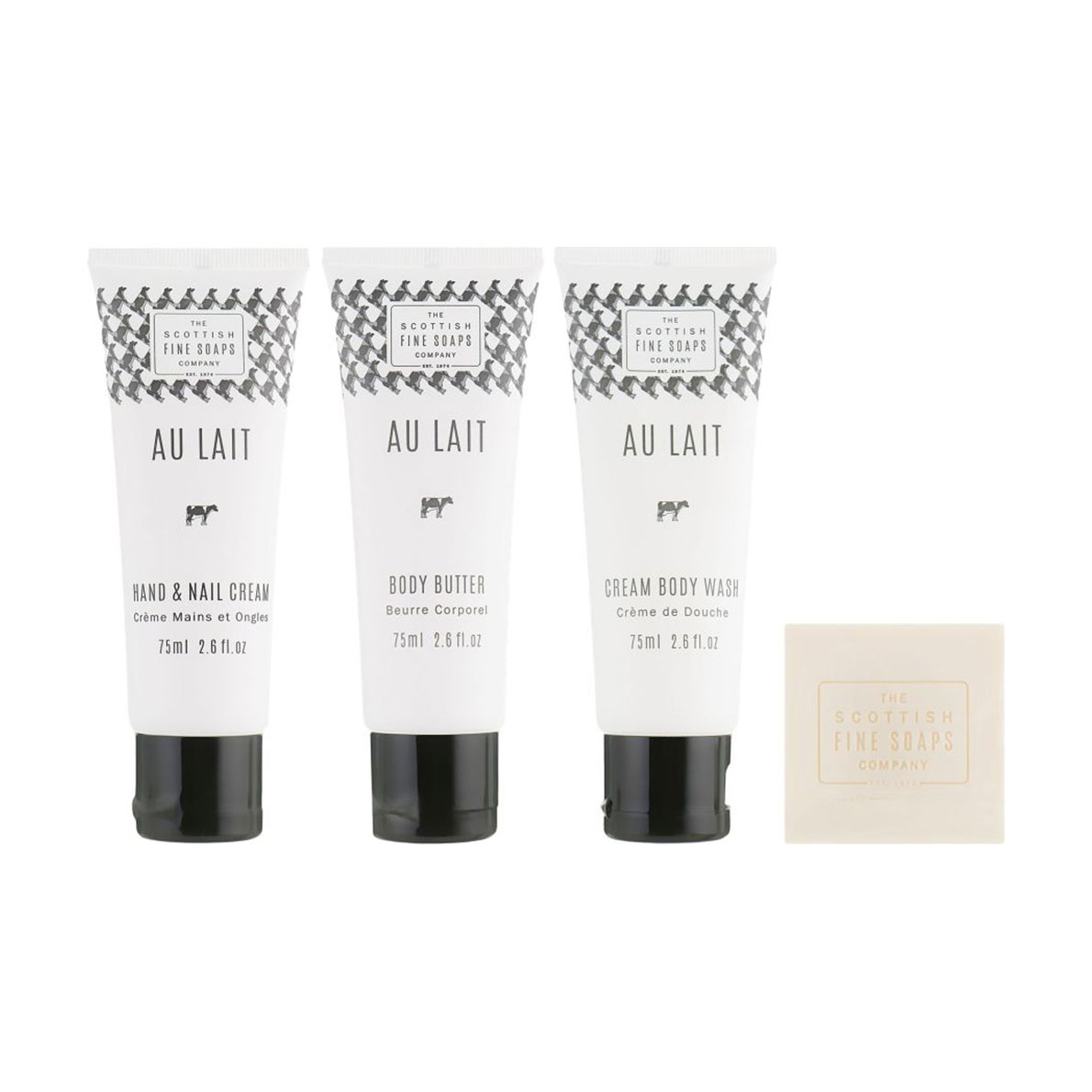 Набір для догляду за тілом Scottish Fine Soaps Au Lait (крем для тіла, 75 мл + крем для душу, 75 мл + крем для рук та нігтів, 75 мл + мило, 40 г)