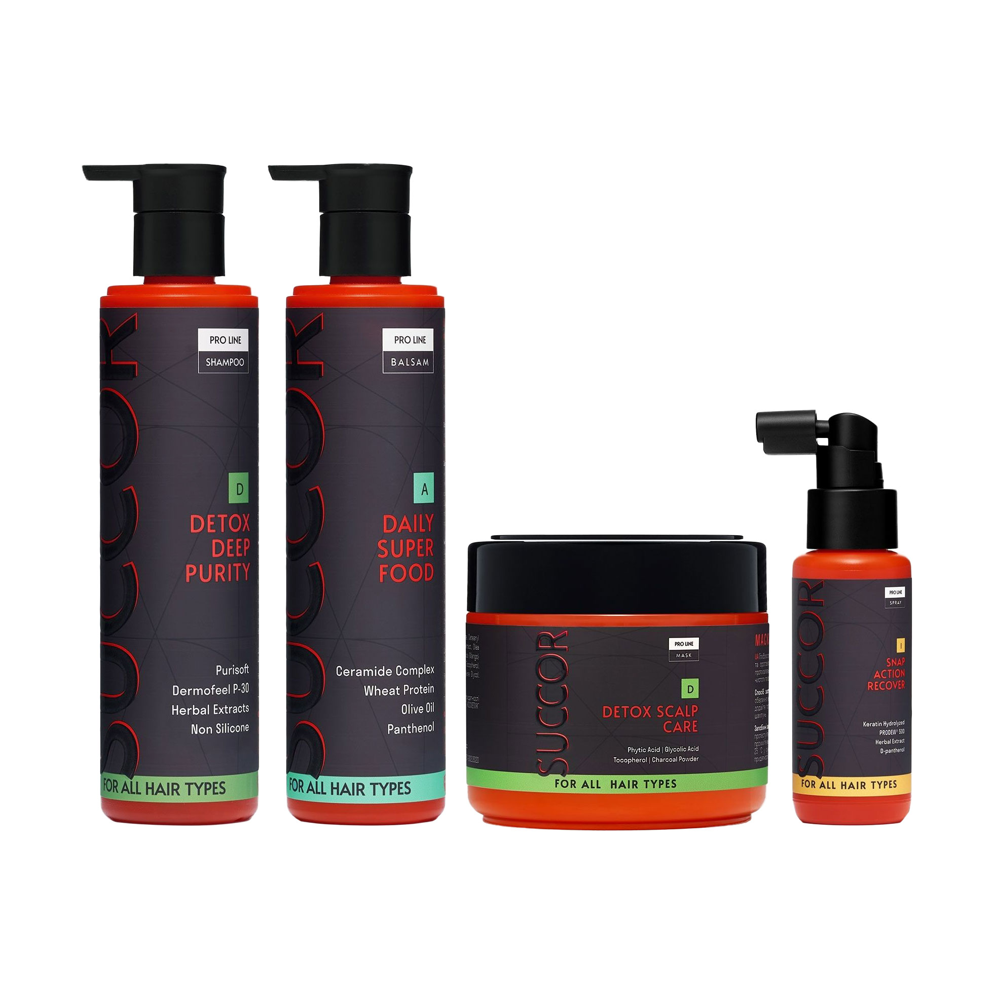 Набір для глибокого очищення та відновлення волосся Succor Detox Deep Purity Set (шампунь, 250 мл + бальзам, 250 мл + маска, 300 мл + спрей, 60 мл)