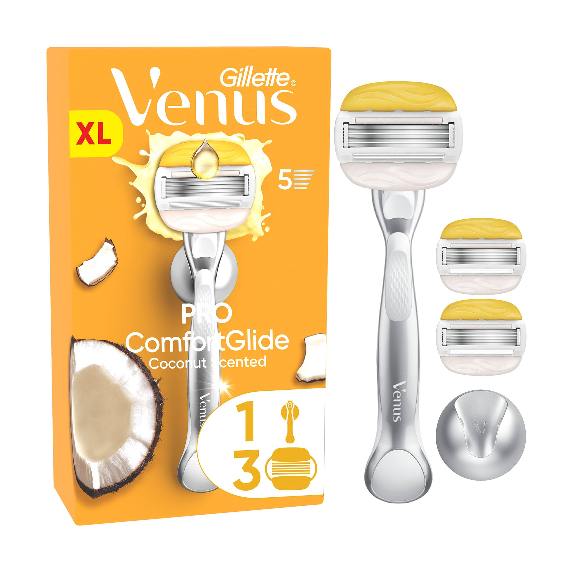 Набір для гоління Gillette Venus Pro Comfort Glide Кокос (станок для гоління, 1 шт + картриджі лез, 3 шт + настінний тримач, 1 шт)