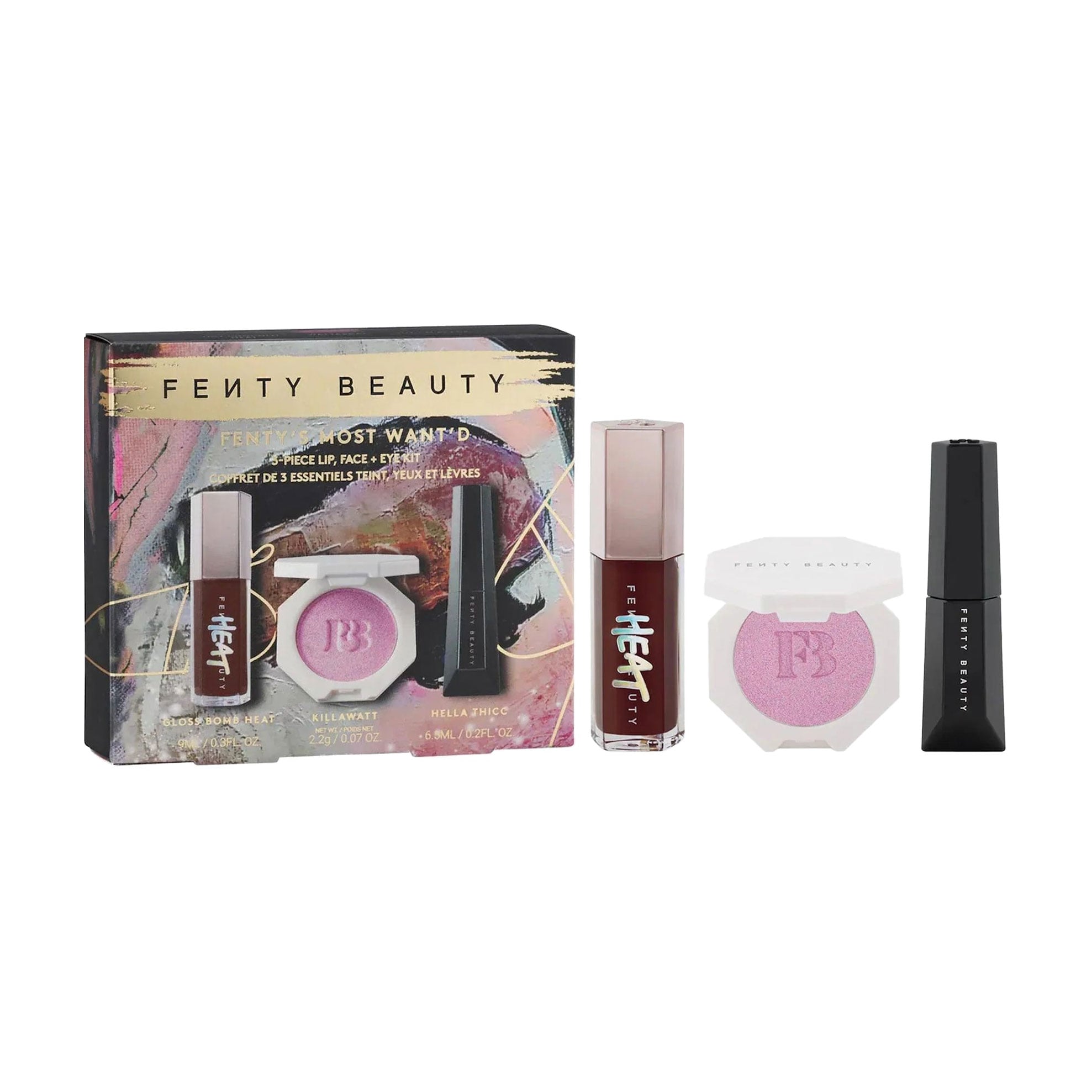 Набір для макіяжу Fenty Beauty Fenty's Most Wante'd (блиск для губ, 9 мл + хайлайтер для обличчя, 2.2 г + туш для вій, 6.5 мл)