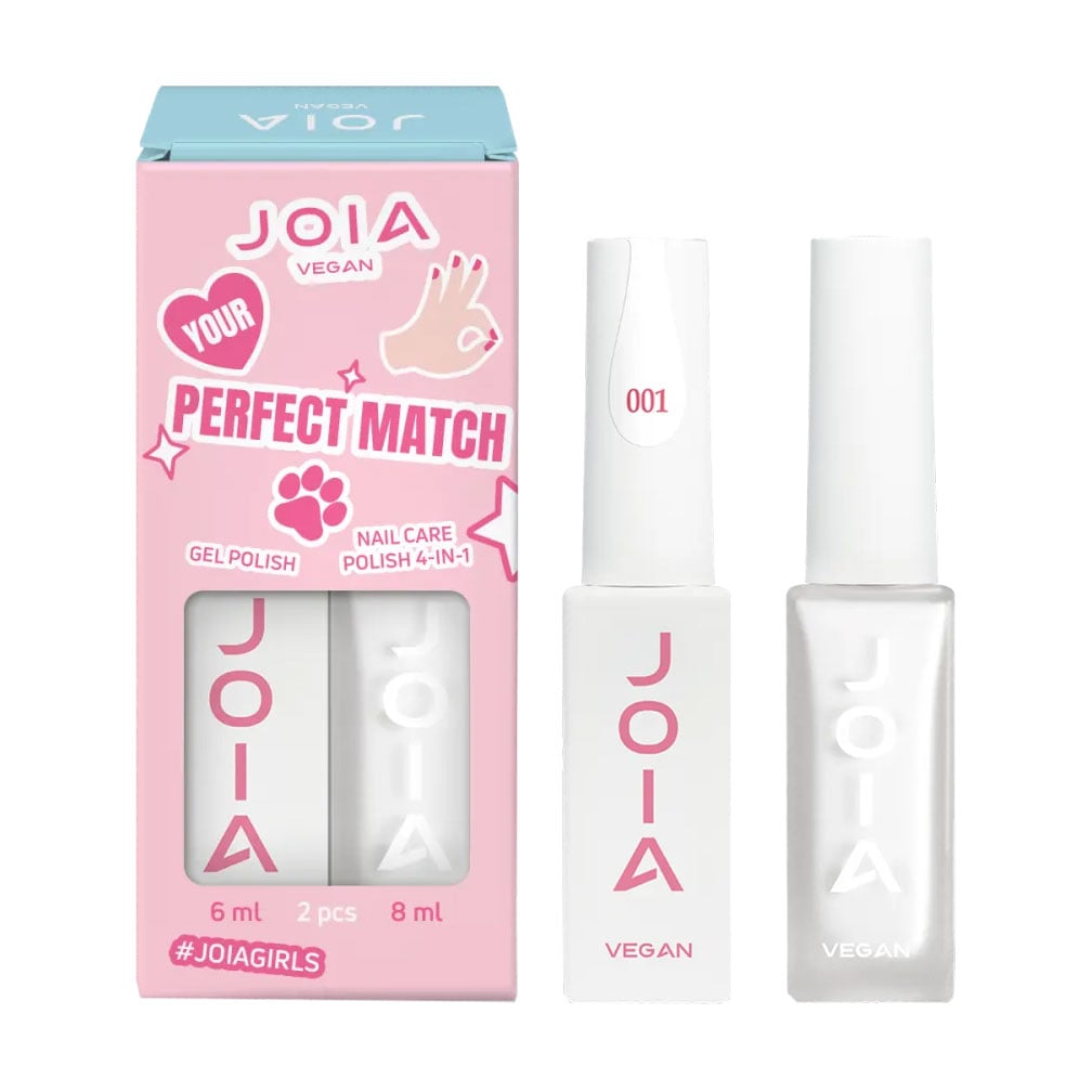 Набір для манікюру та педикюру 001 JOIA vegan Perfect Match (Gel Polish 001, 6 мл + Nail Care Polish 4 in 1 01 Ideal White, 8 мл)