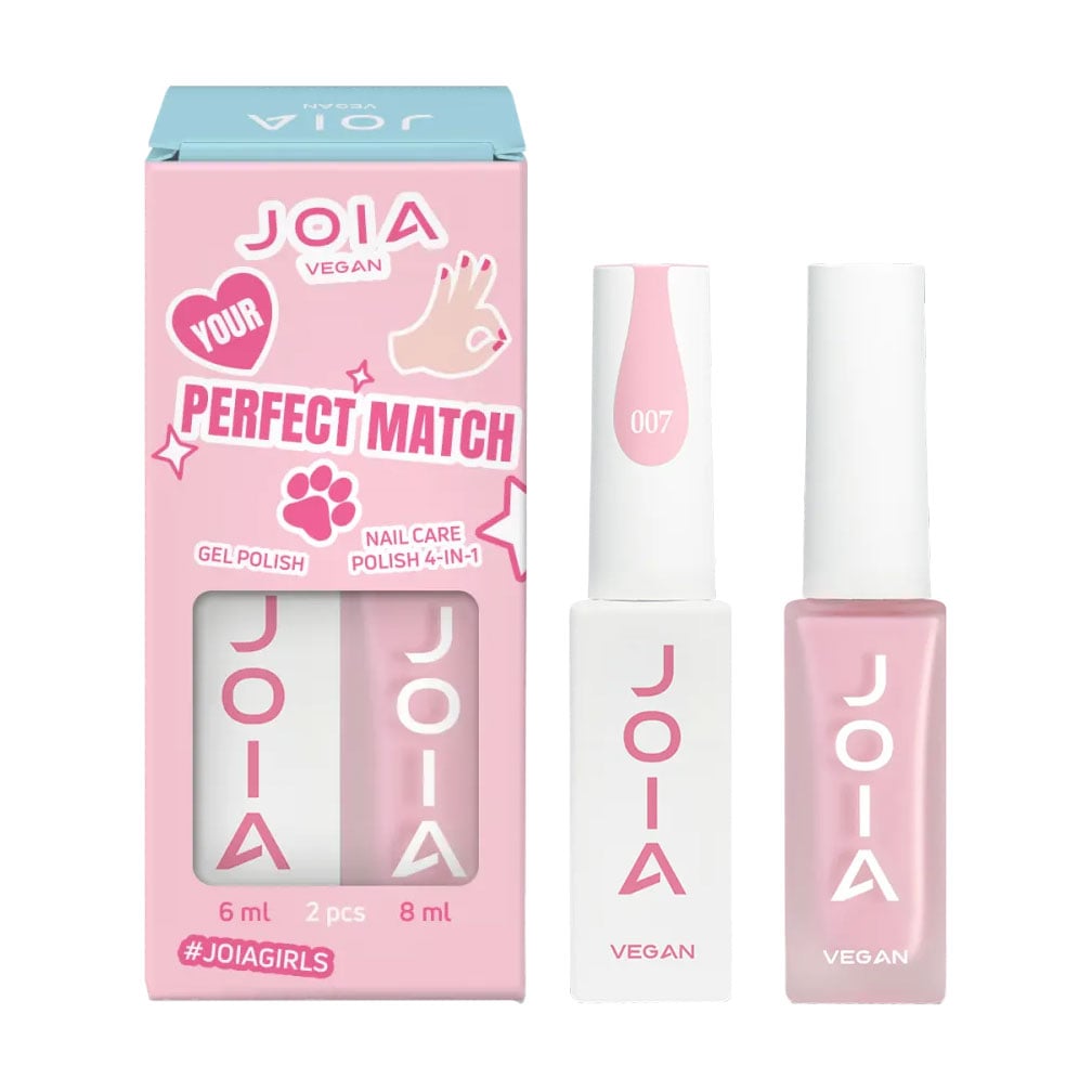 Набір для манікюру та педикюру 002 JOIA vegan Perfect Match (Gel Polish 007, 6 мл + Nail Care Polish 4 in 1 02 Baby Pink, 8 мл)