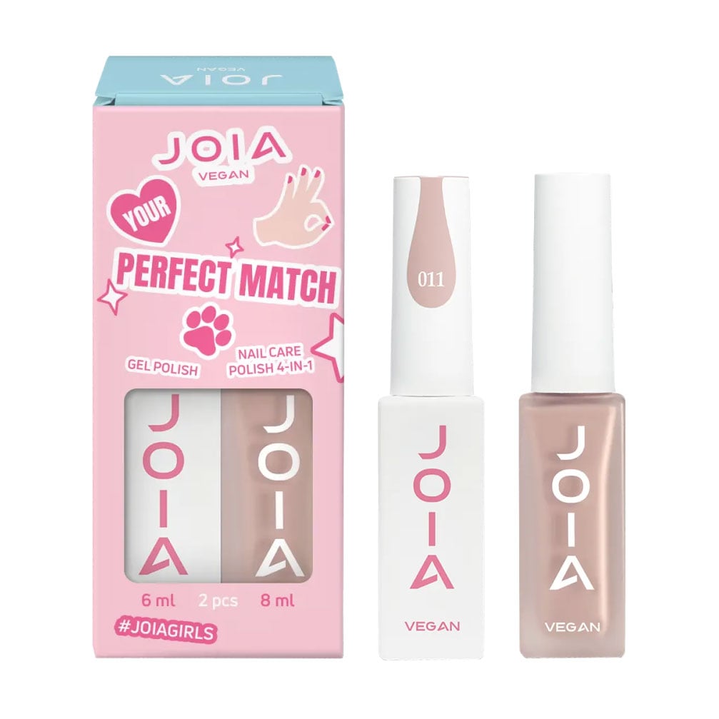 Набір для манікюру та педикюру 004 JOIA vegan Perfect Match (Gel Polish 011, 6 мл + Nail Care Polish 4 in 1 04 Nude Horizon, 8 мл)