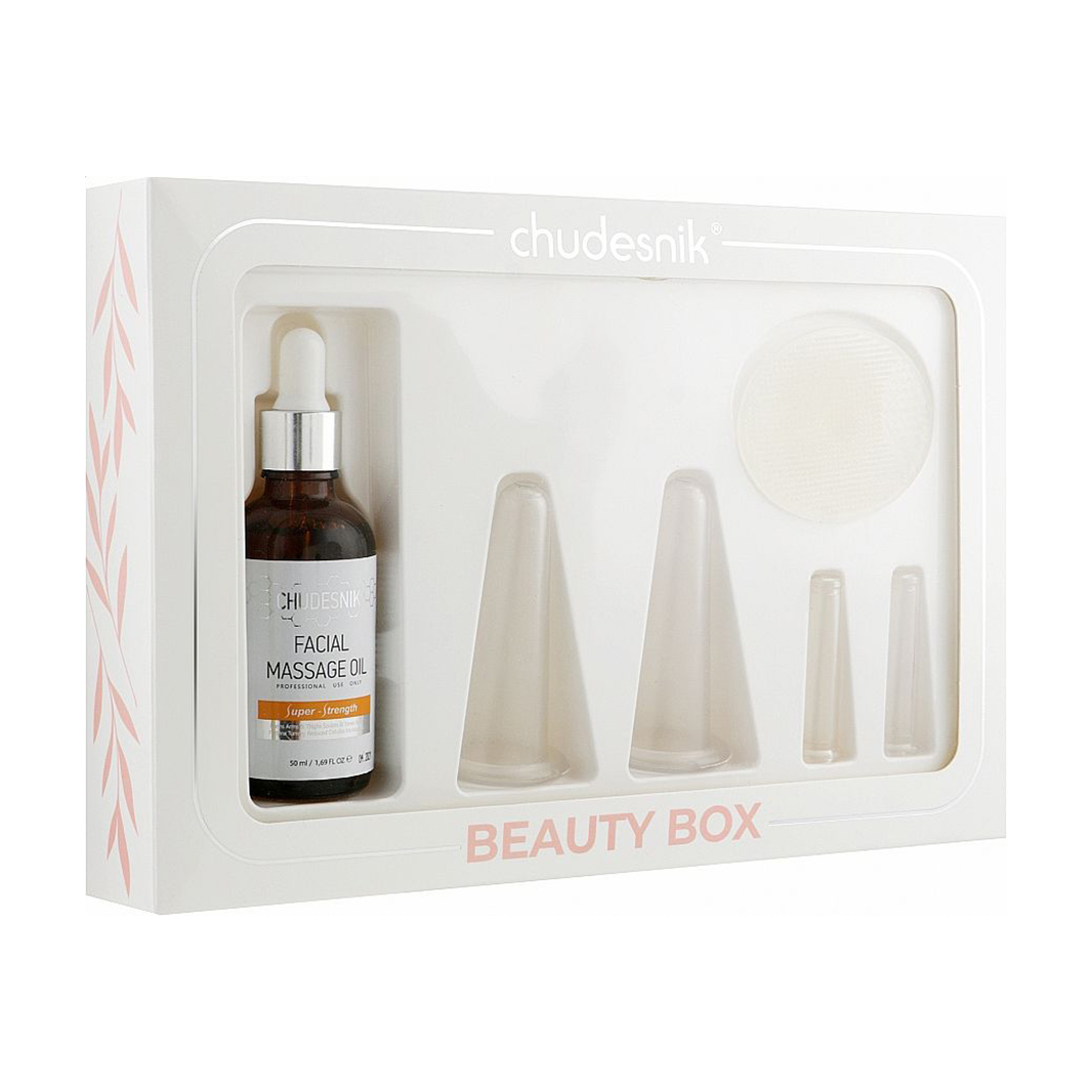 Набір для масажу обличчя chudesnik Beauty Box (вакуумні банки, 4 шт + олія, 50 мл)