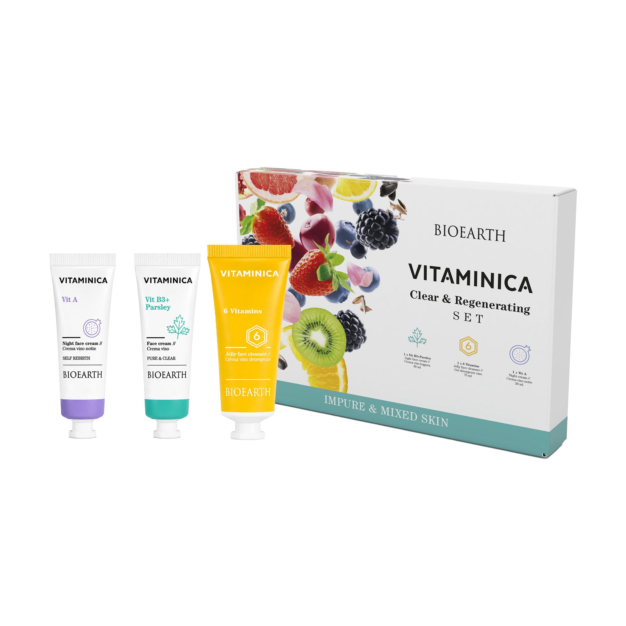 Набір для обличчя Bioearth Vitaminica Clear &amp; Regenerating Set (очищувальний гель, 75 мл + крем-емульсія, 30 мл + нічний крем, 30 мл)