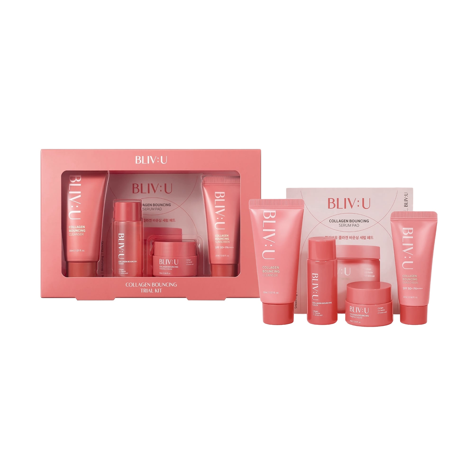 Набір для обличчя Bliv:U Collagen Bouncing Trial Kit (пінка, 30 мл + тонер, 20 мл + крем, 10 мл + сонцезахисний крем, 20 мл + пади, 2 шт)