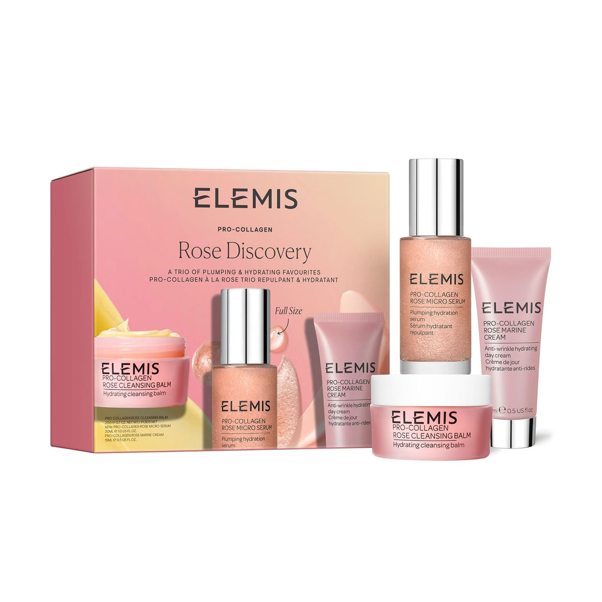 Набір для обличчя Elemis Pro-Collagen Rose Discovery Тріо фаворитів для наповнення та зволоження шкіри (сироватка, 30 мл + очищувальний бальзам, 20 г + крем, 15 мл)