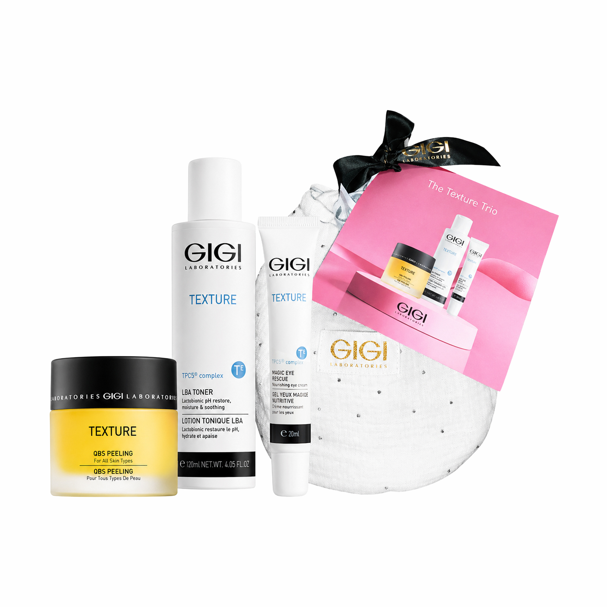 Набір для обличчя Gigi Texture Trio (пілінг, 50 мл + тонер, 120 мл + крем для шкіри навколо очей, 20 мл + косметичка, 1 шт)