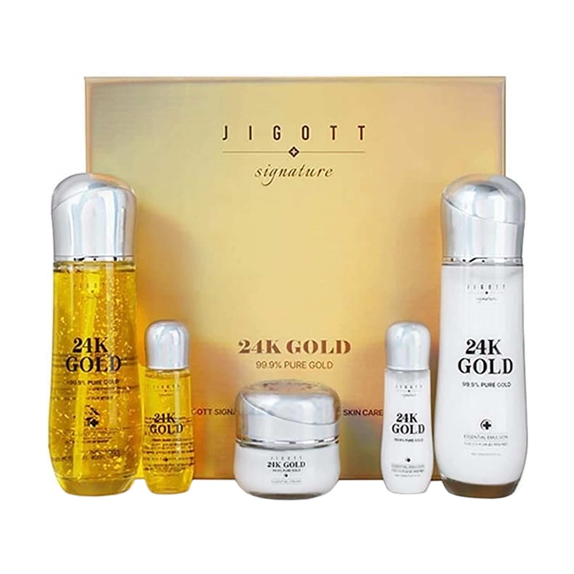 Набір для обличчя Jigott Signature 24K Gold Essential Skin Care (тонер, 150 мл + тонер, 30 мл + емульсія, 150 мл + емульсія, 30 мл + крем, 50 мл)