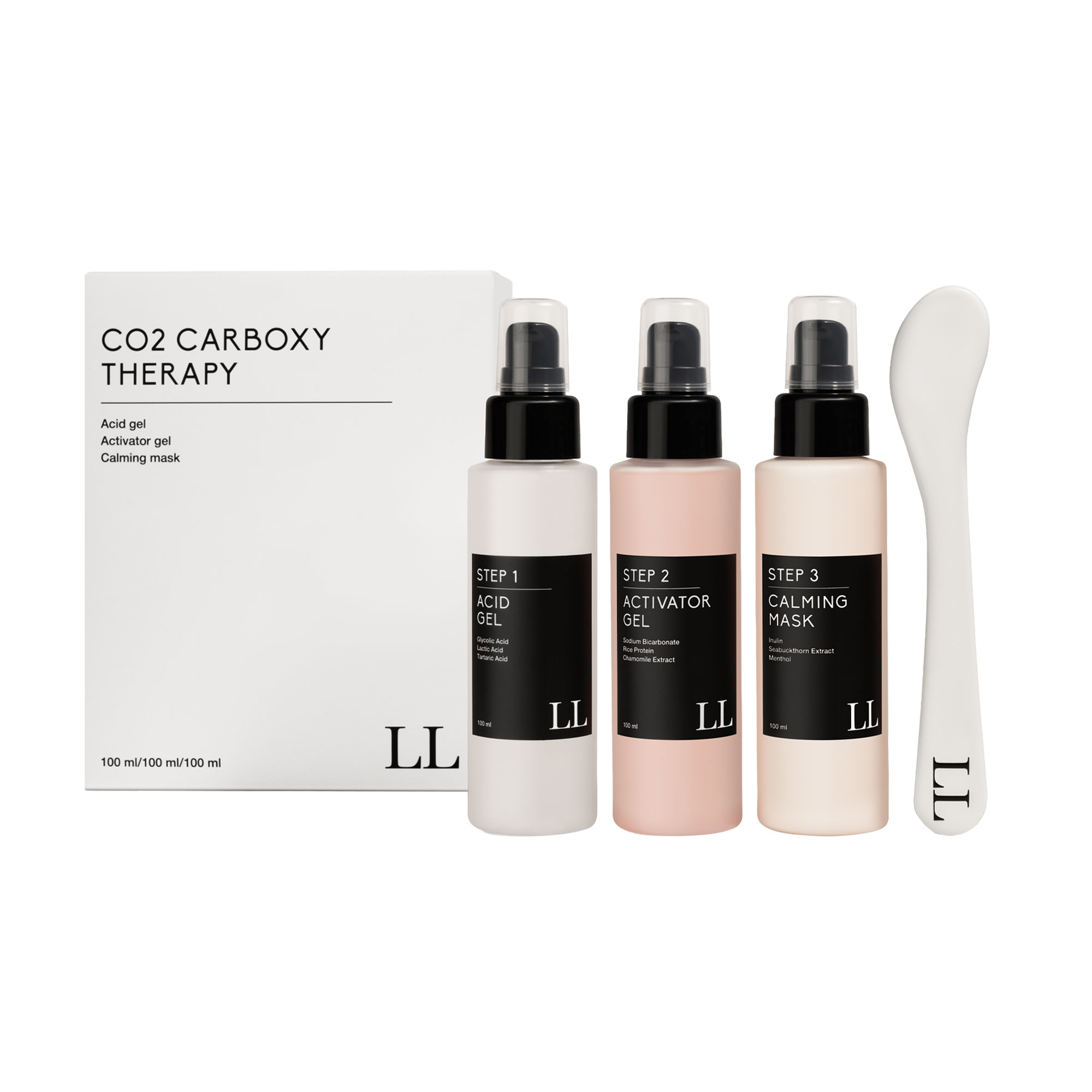 Набір для обличчя Love &amp; Loss CO2 Carboxy Therapy (кислотний гель, 100 мл + гель-активатор, 100 мл + заспокійлива маска, 100 мл + лопатка)