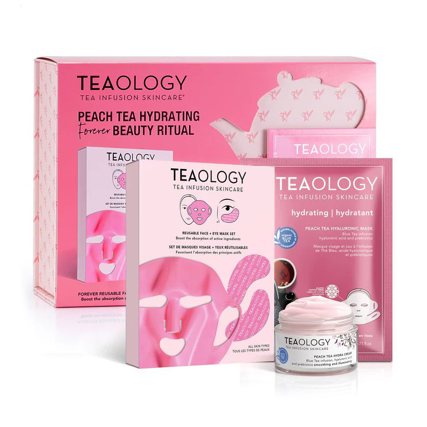 Набір для обличчя Teaology Peach Tea Hydrating Forever Beauty Ritual (крем, 50 мл + маска, 21 мл + багаторазова маска, 1 шт)