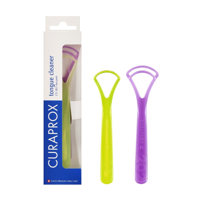 Набір для очищення язика Curaprox Tongue Cleaner CTC 203 (скребок з одним лезом, 1 шт + скребок з подвійним лезом, 1 шт), салатовий+фіолетовий