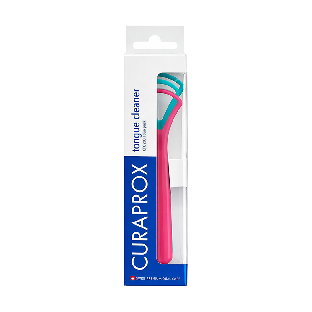 Набір для очищення язика Curaprox Tongue Cleaner CTC 203 (скребок з одним лезом, 1 шт + скребок з подвійним лезом, 1 шт), рожевий + бірюзовий