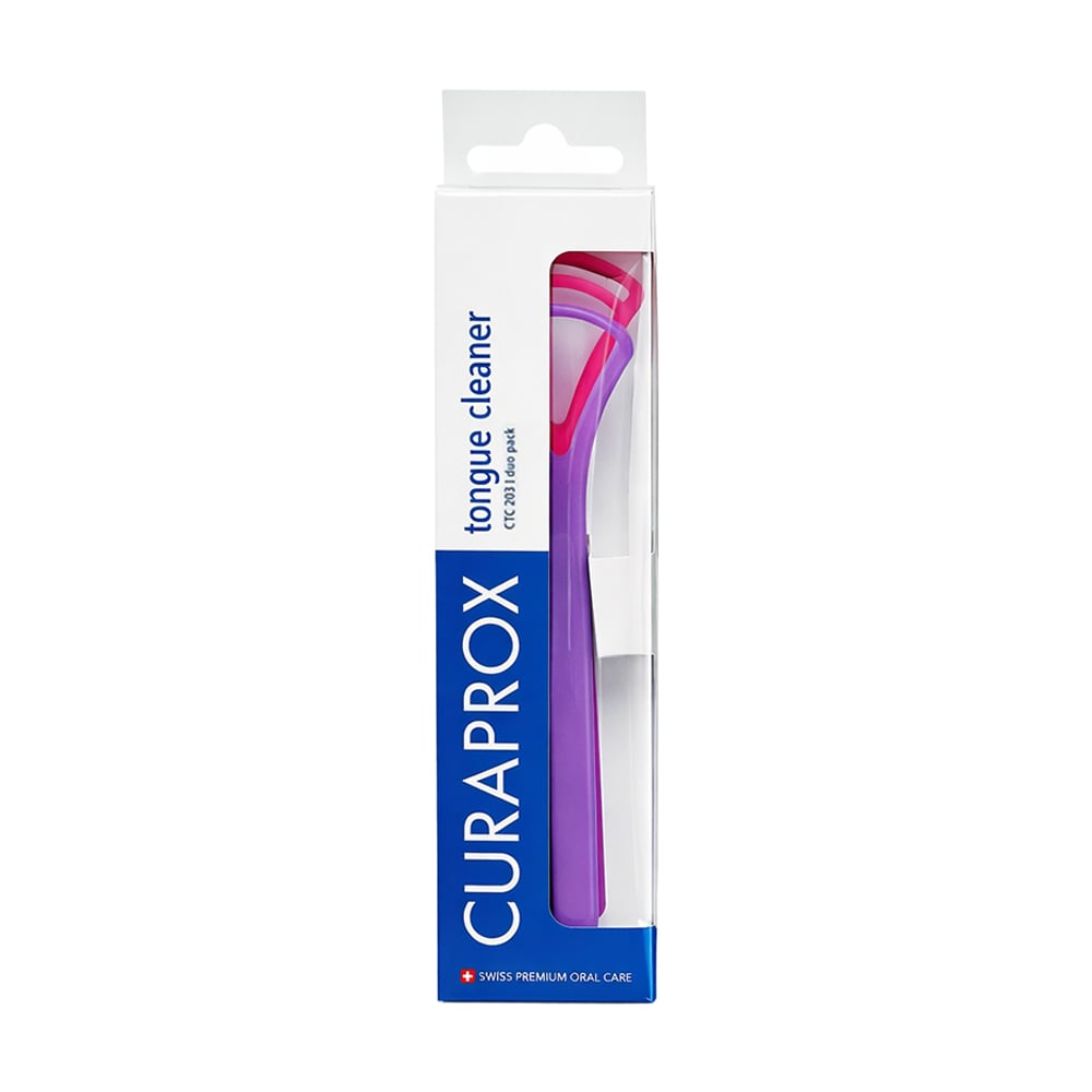 Набір для очищення язика Curaprox Tongue Cleaner CTC 203 (скребок з одним лезом, 1 шт + скребок з подвійним лезом, 1 шт), фіолетовий + рожевий