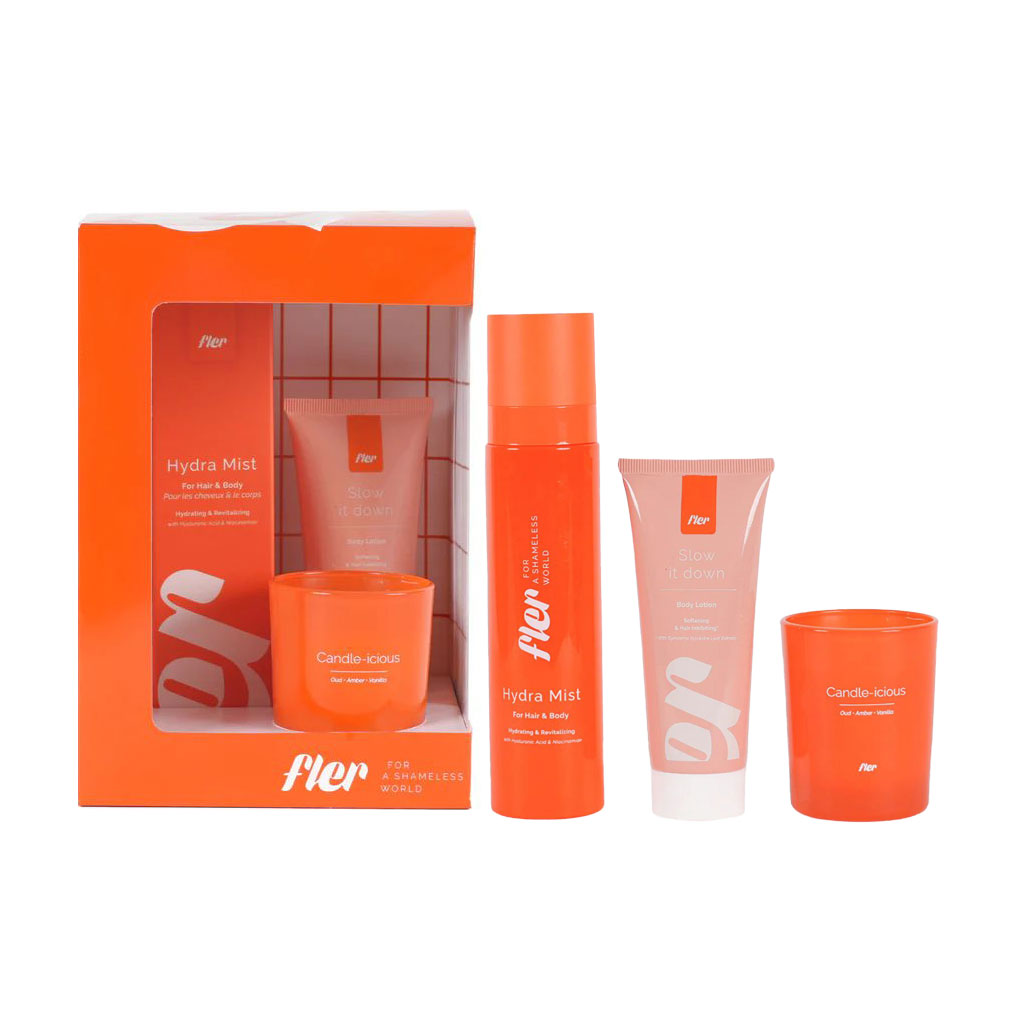 Набір для релаксу та сяйва Fler Relax &amp; Glow Set (лосьйон для тіла Slow It Down, 75 мл + спрей для тіла та волосся Hydra Mist, 150 мл + свічка, 75 г)