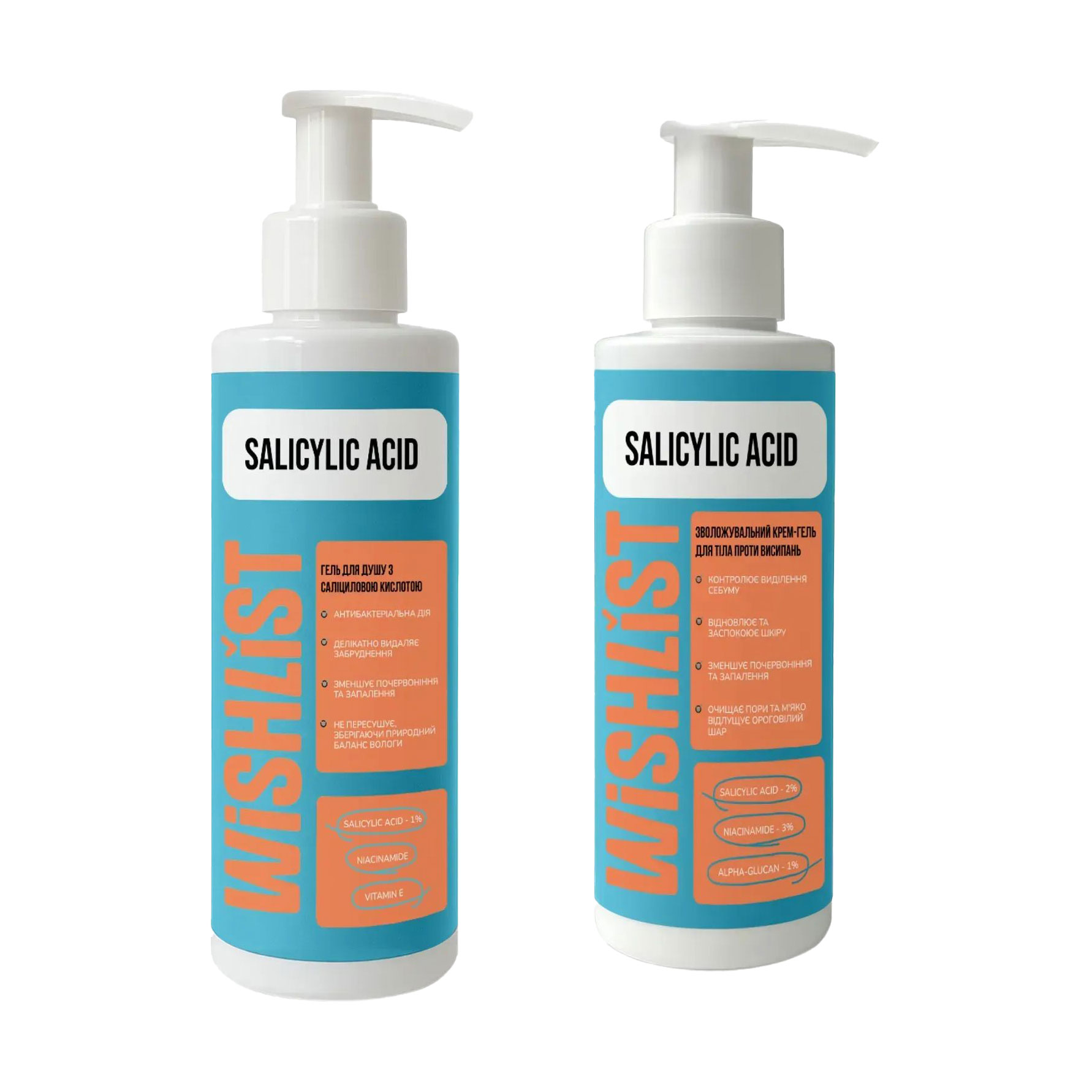 Набір для тіла WISHLiST Salicylic Acid проти висипань та запалень (гель для душу, 200 мл + крем-гель, 150 мл)