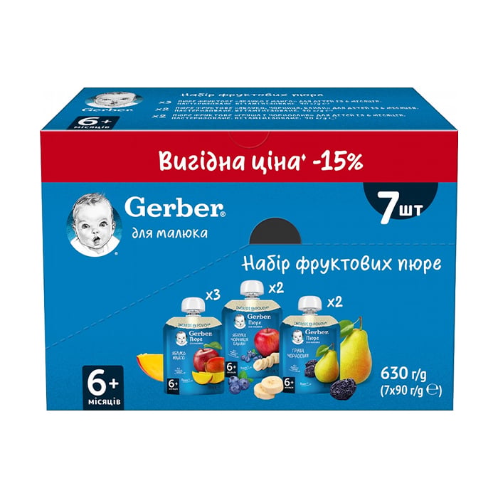 Набір дитячих фруктових пюре Gerber від 6 місяців, 7*90 г