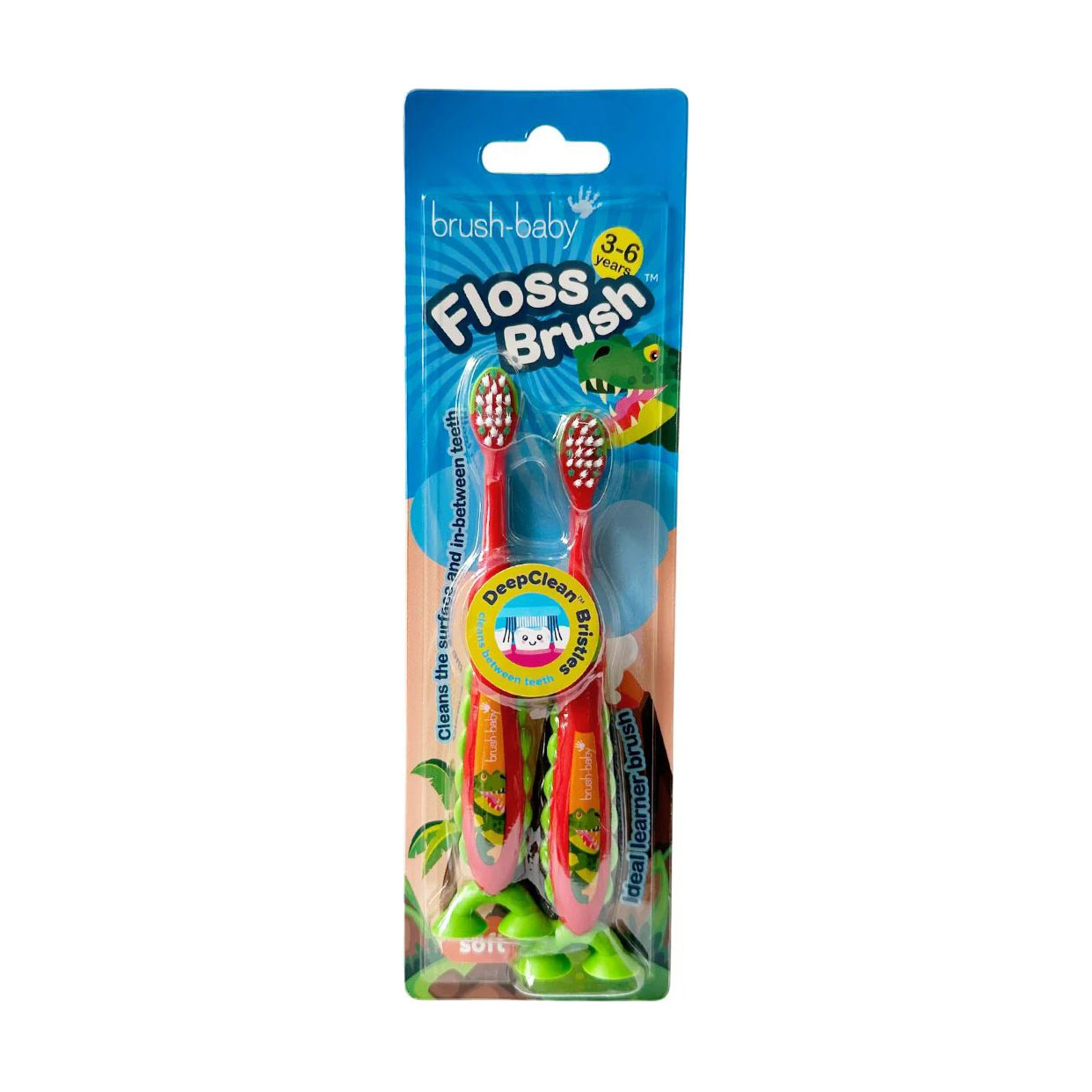 Набір дитячих зубних щіток Brush-Baby FlossBrush Dinosaur на присосці, від 3 до 6 років, 2 шт