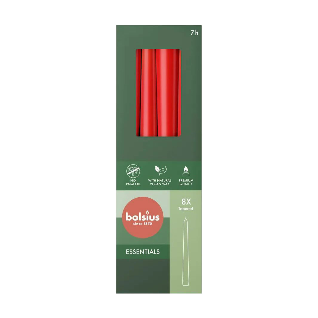 Набір конусних свічок Bolsius Essentials Ніжно-червоний, 245*24 мм, 8 шт