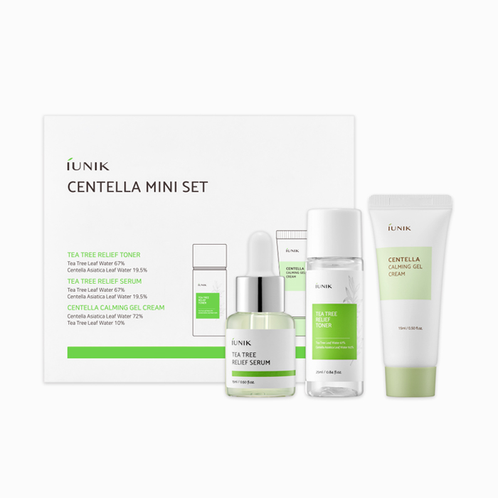 Набір мініатюр для обличчя IUNIK Centella Mini Set (тонер Tea Tree, 25 мл + сироватка Tea Tree, 15 мл + гель-крем Centella, 15 мл)