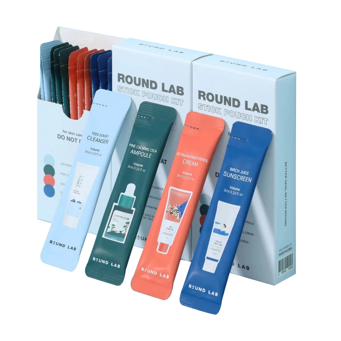 Набір мініатюр Round Lab Stick Pouch Kit (засіб для вмивання, 3*3 мл + сироватка, 3*3 мл + крем, 3*3 мл + сонцезахисний крем, SPF 50+, 3*3 мл)