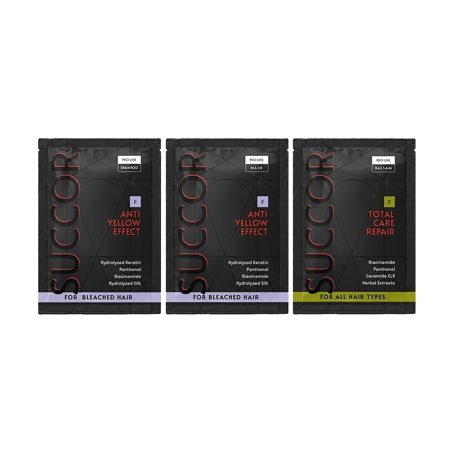 Набір пробників від жовтизни для освітленого волосся Succor Anti Yellow Effect Mini Set (шампунь, 10 мл + бальзам, 10 мл + маска, 10 мл)