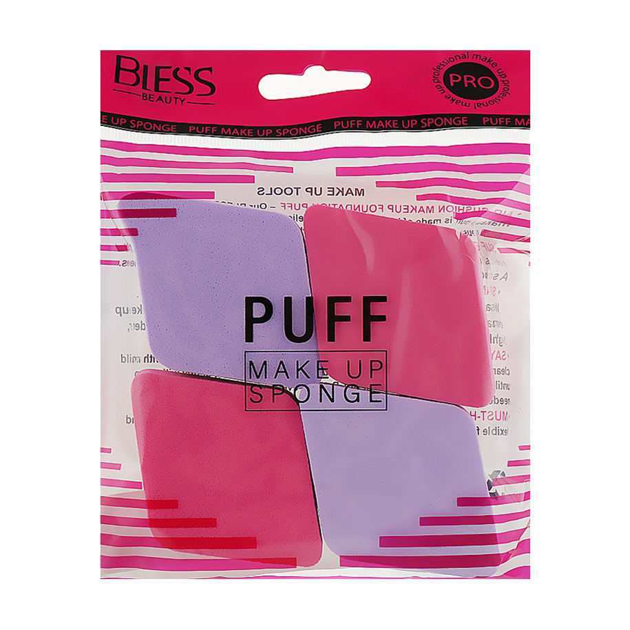 Набір спонжів для макіяжу Bless Beauty Puff Make Up Sponge 4 в 1, ромб, рожево/фіолетові, 4 шт