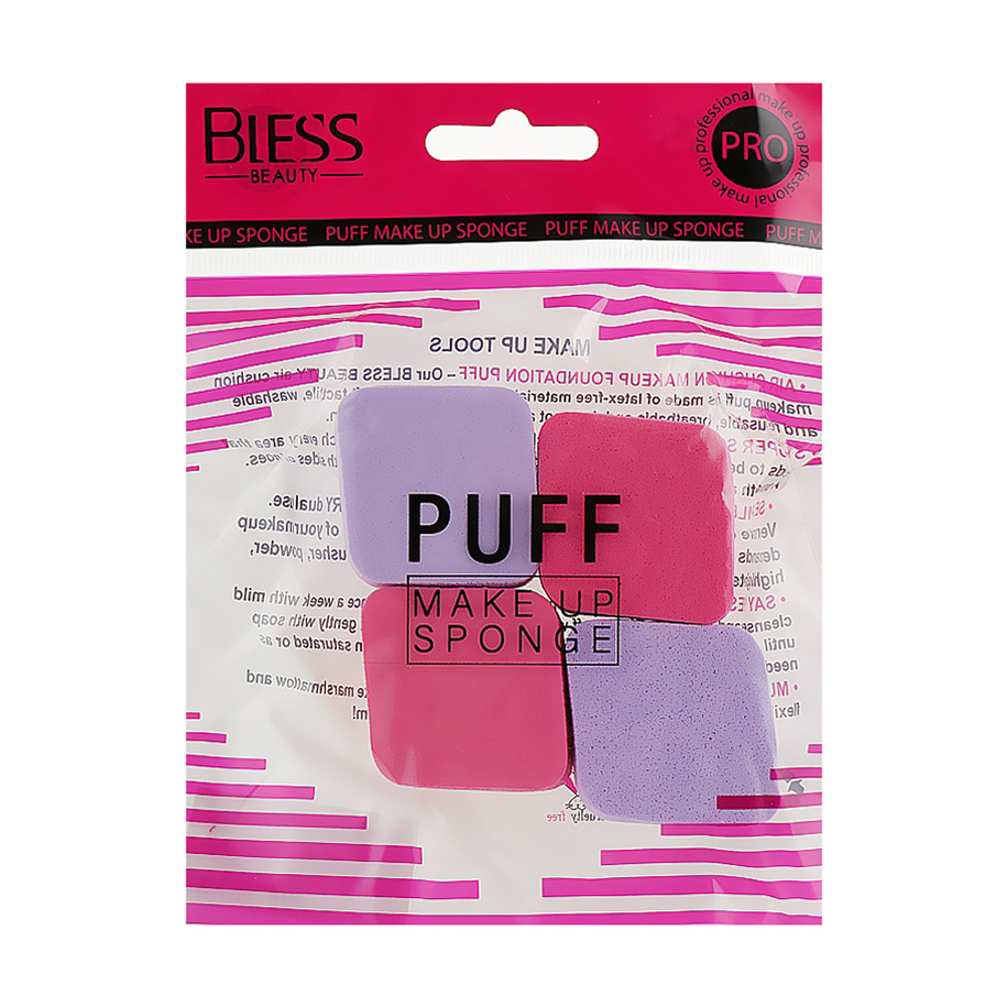 Набір спонжів для макіяжу Bless Beauty Puff Make Up Sponge 4 в 1, міні  ромб, рожево/фіолетові, 4 шт
