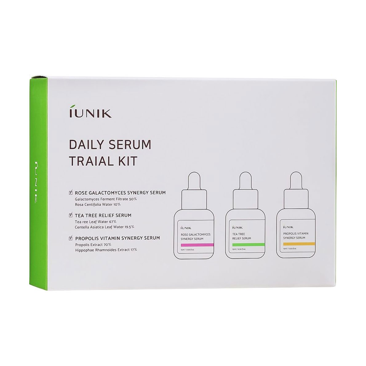 Набір сироваток для обличчя IUNIK Daily Serum Trial Kit (Rose Galactomyces Synergy, 15 мл + Tea Tree Relief, 15 мл + Propolis Vitamin Synergy, 15 мл)