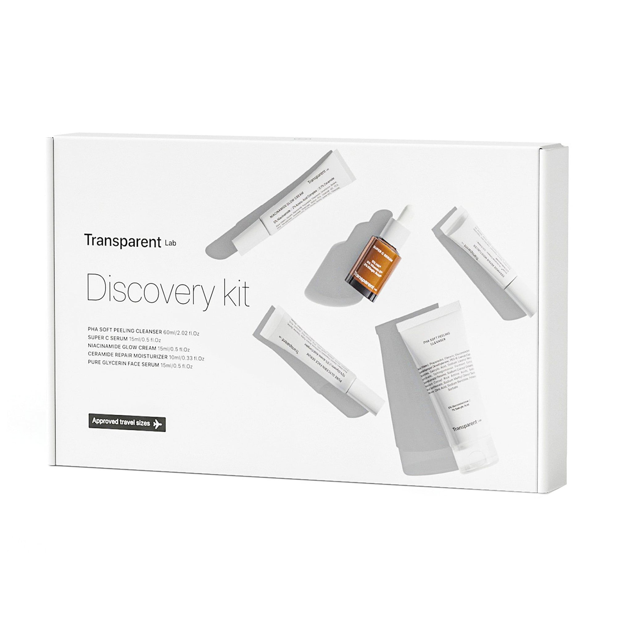 Набір Transparent Lab Discovery (пілінг, 60 мл + сироватка Super C, 15 мл + крем Niacinamide, 15 мл + сироватка Ceramide, 10 мл + сироватка Glycerin, 15 мл)